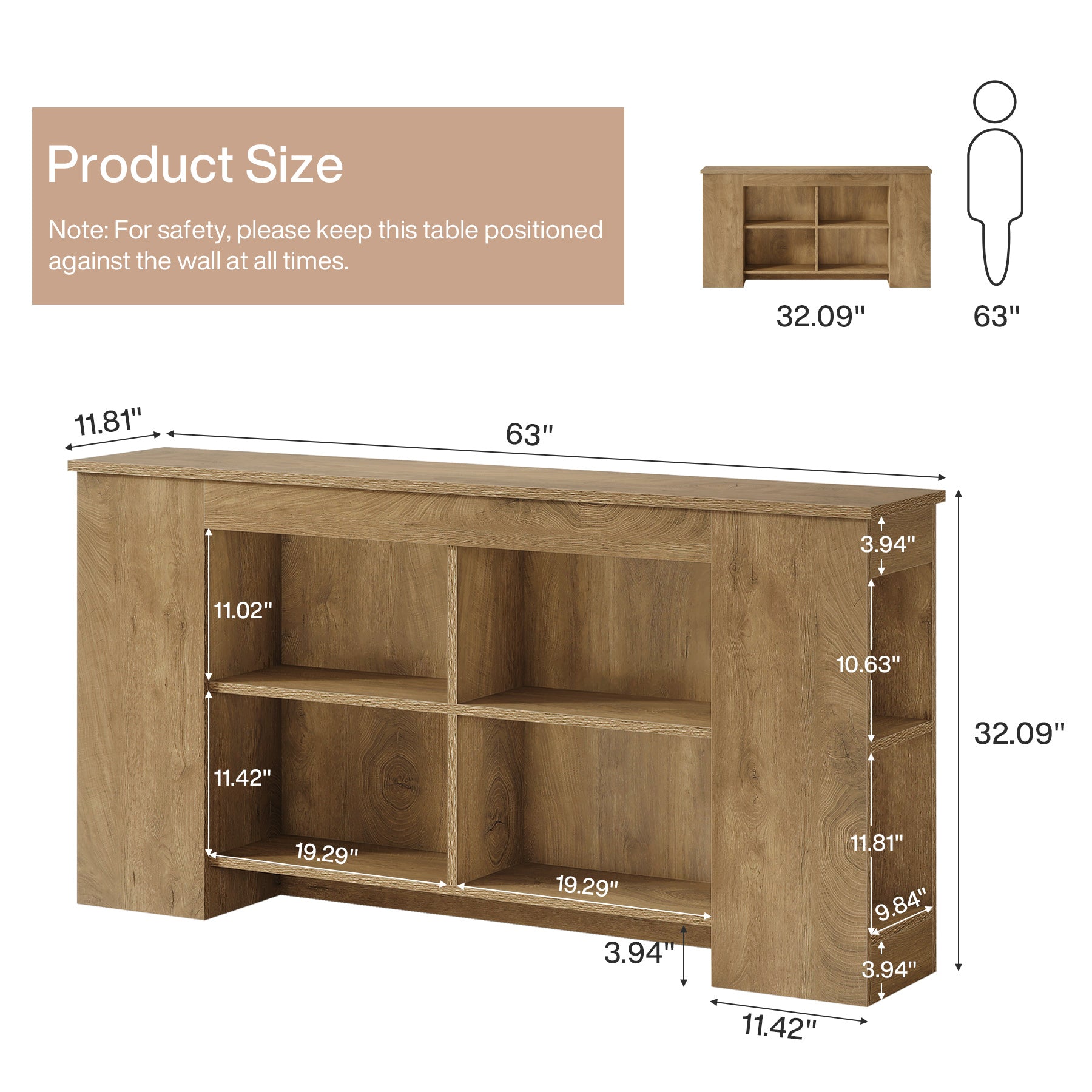63" Console Table, Wooden Entryway Sofa Table with Storage