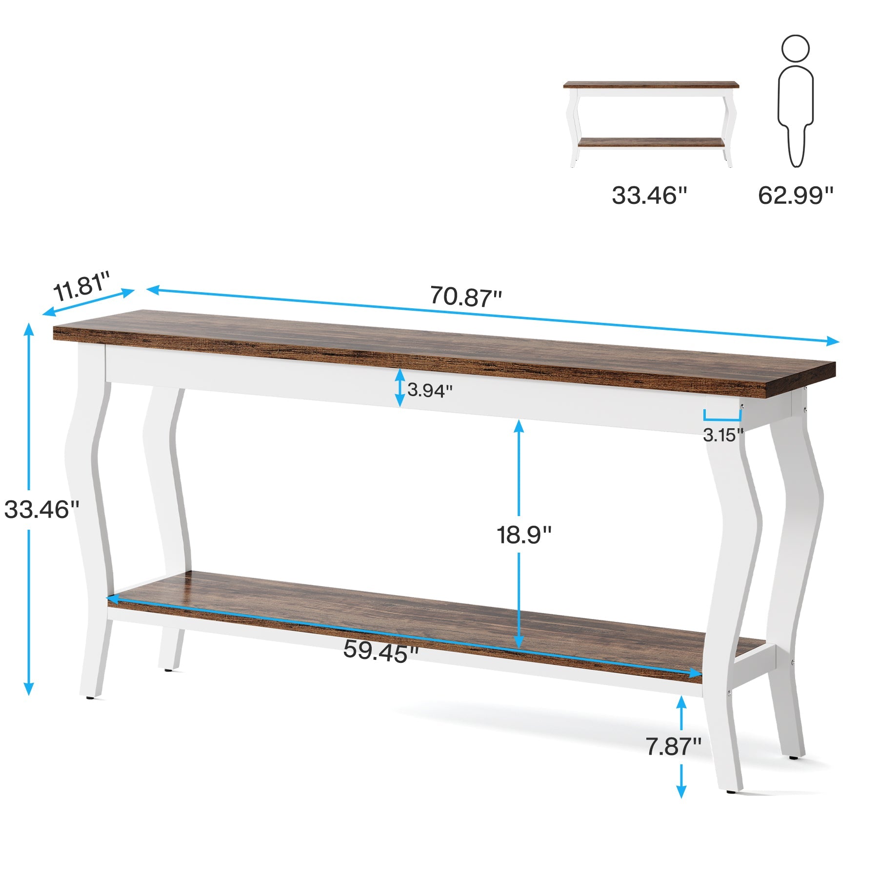 70.9" Console Table, Vintage Sofa Table with 2-Tier Storage