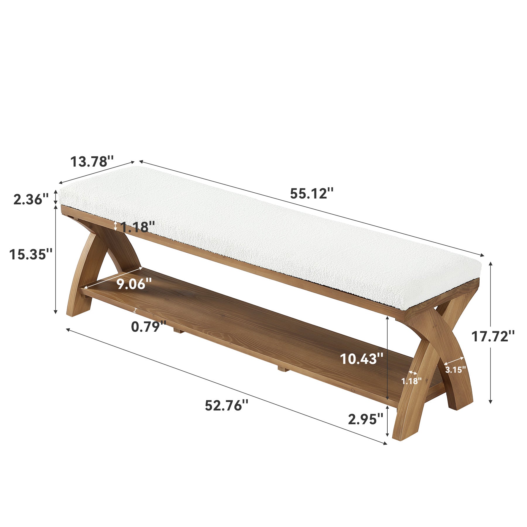 Solid Wood Upholstered Shoe Bench, Entryway Bench with Padded Seat and Storage Shelf