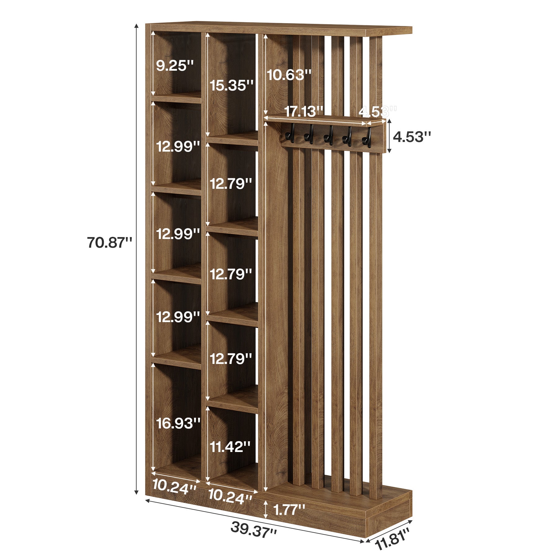 70.9" Wall Room Divider, Freestanding Privacy Screen Partition with Shelves & Coat Hooks