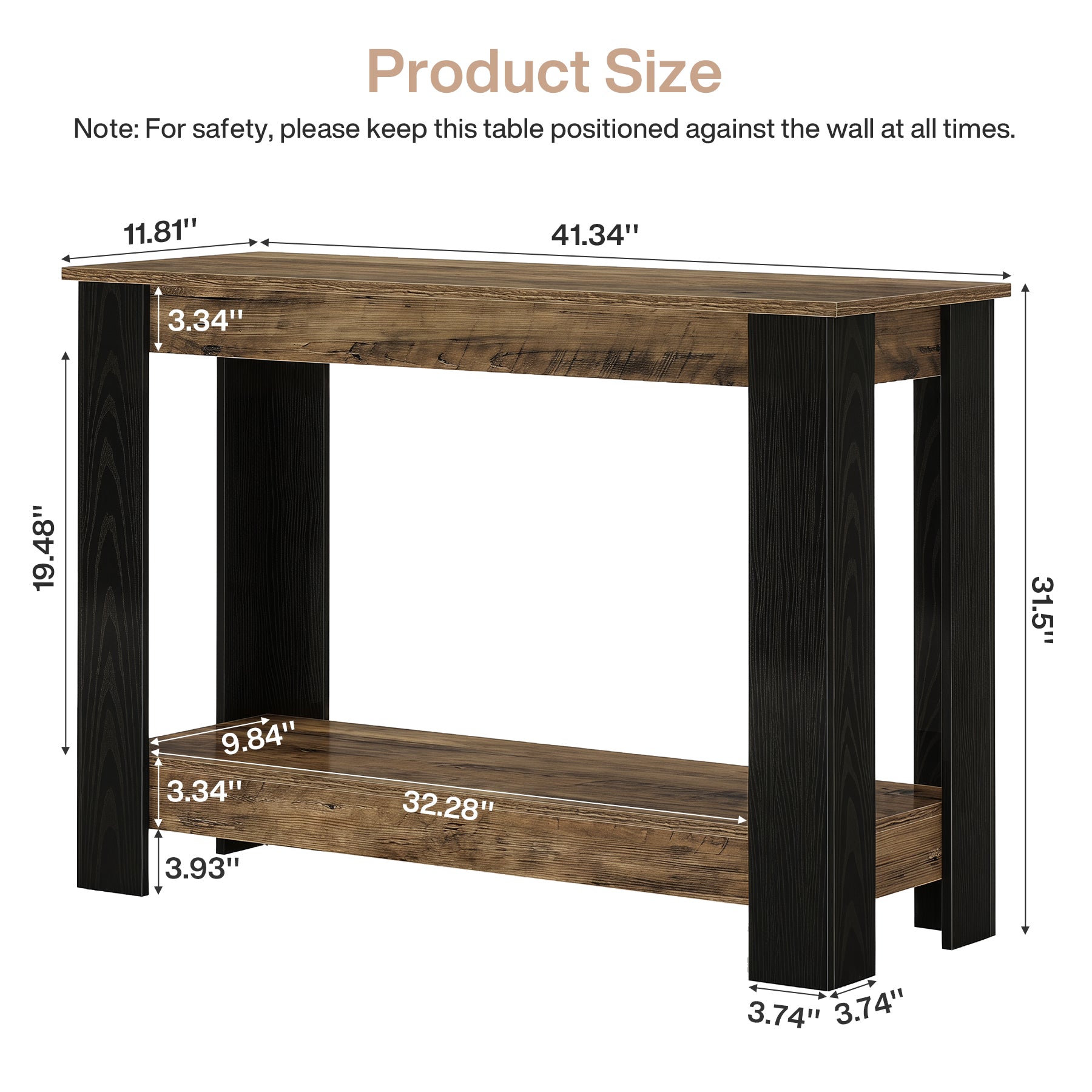 41" Industrial Console Table, 2-Tier Narrow Sofa Table Accent Furniture