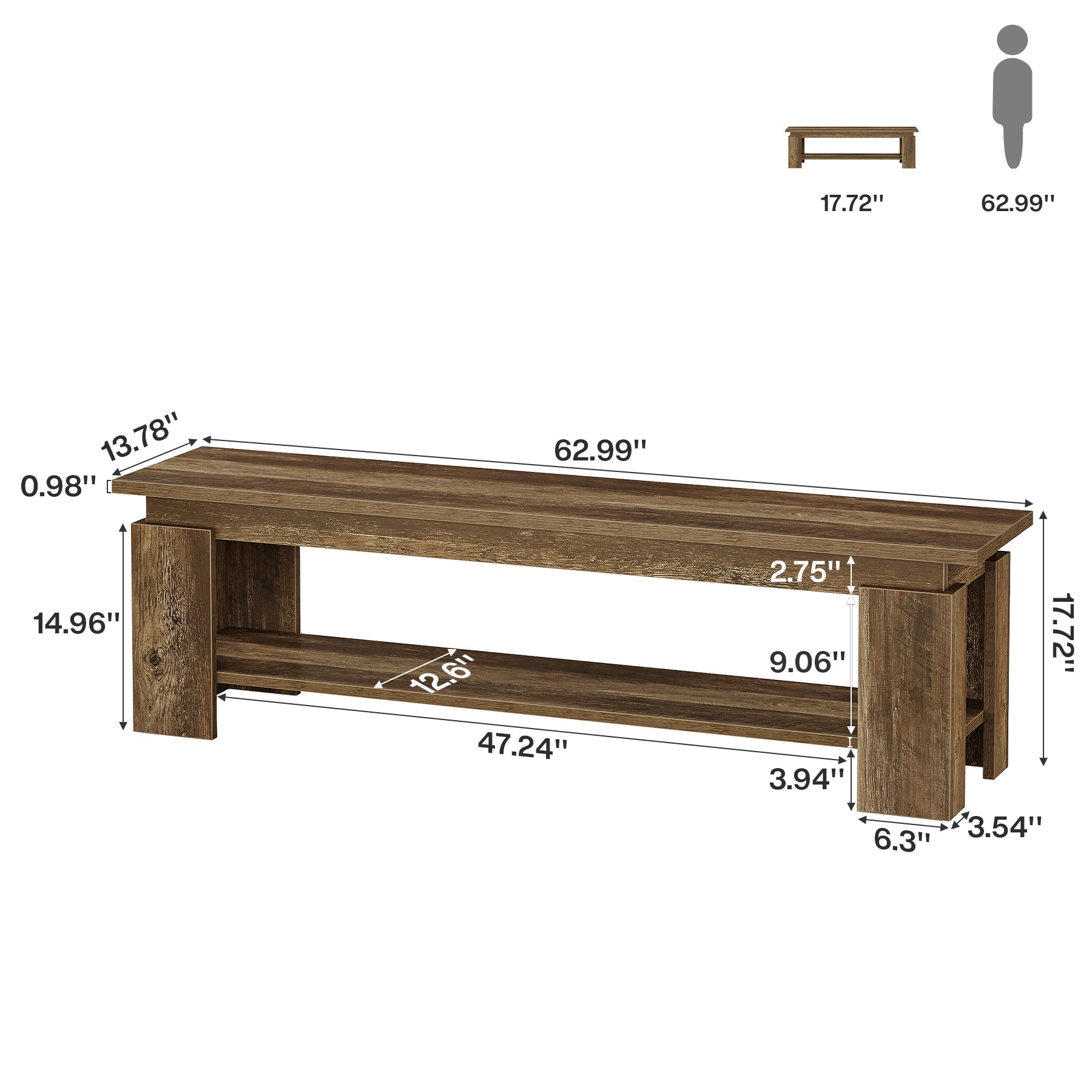 63" Dining Bench for 2-3, Farmhouse Kitchen Bench with Storage Shelf