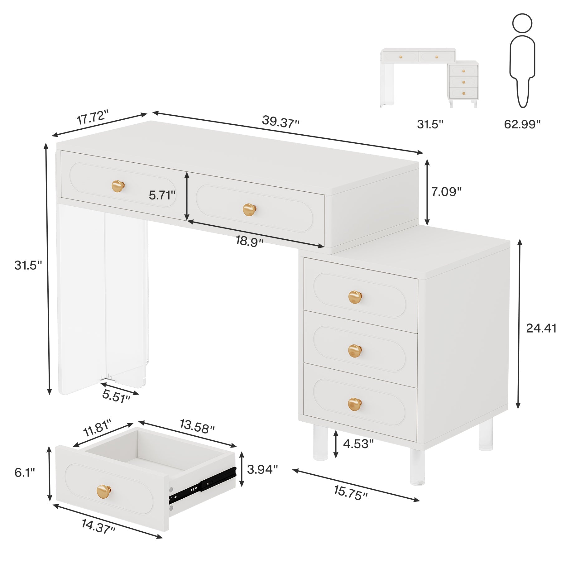5-Drawer Computer Desk with Transparent Acrylic Base and Legs