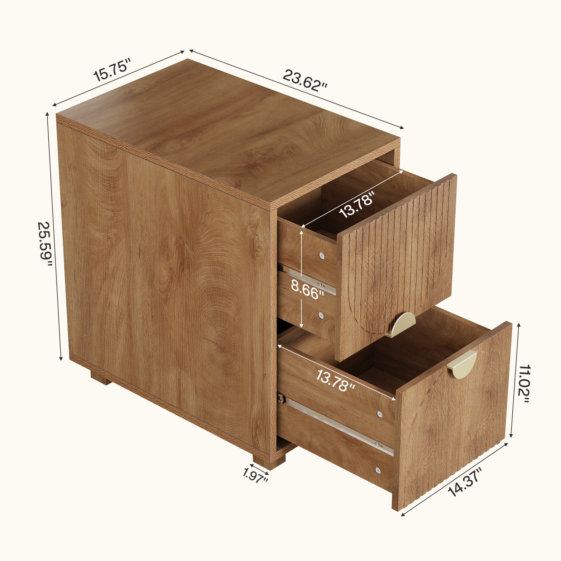 2-Drawer Nightstand, Narrow Bedside Table with Gold Metal Handle