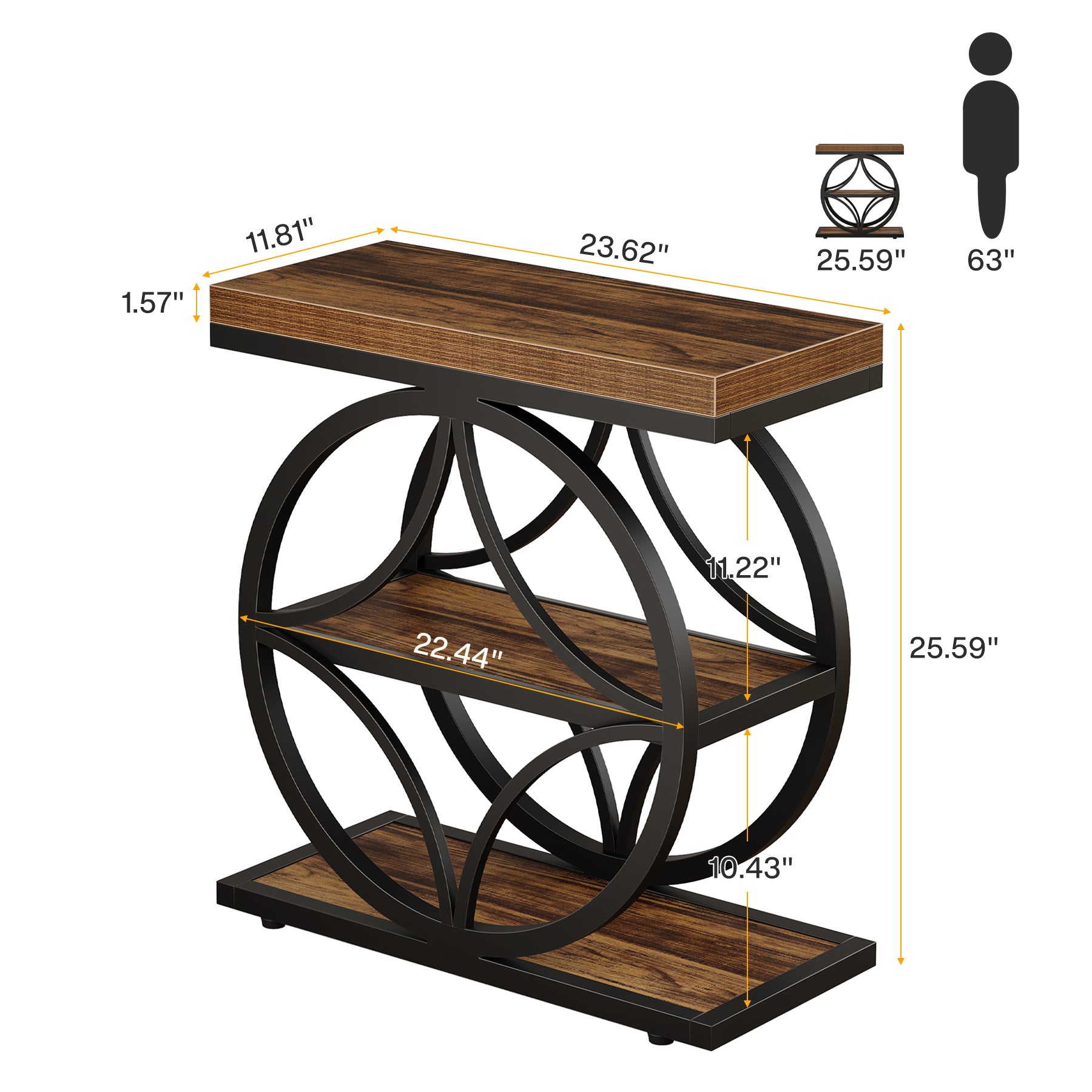 Industrial End Table, Narrow Bedside Table with 3 - Tier Storage Tribesigns