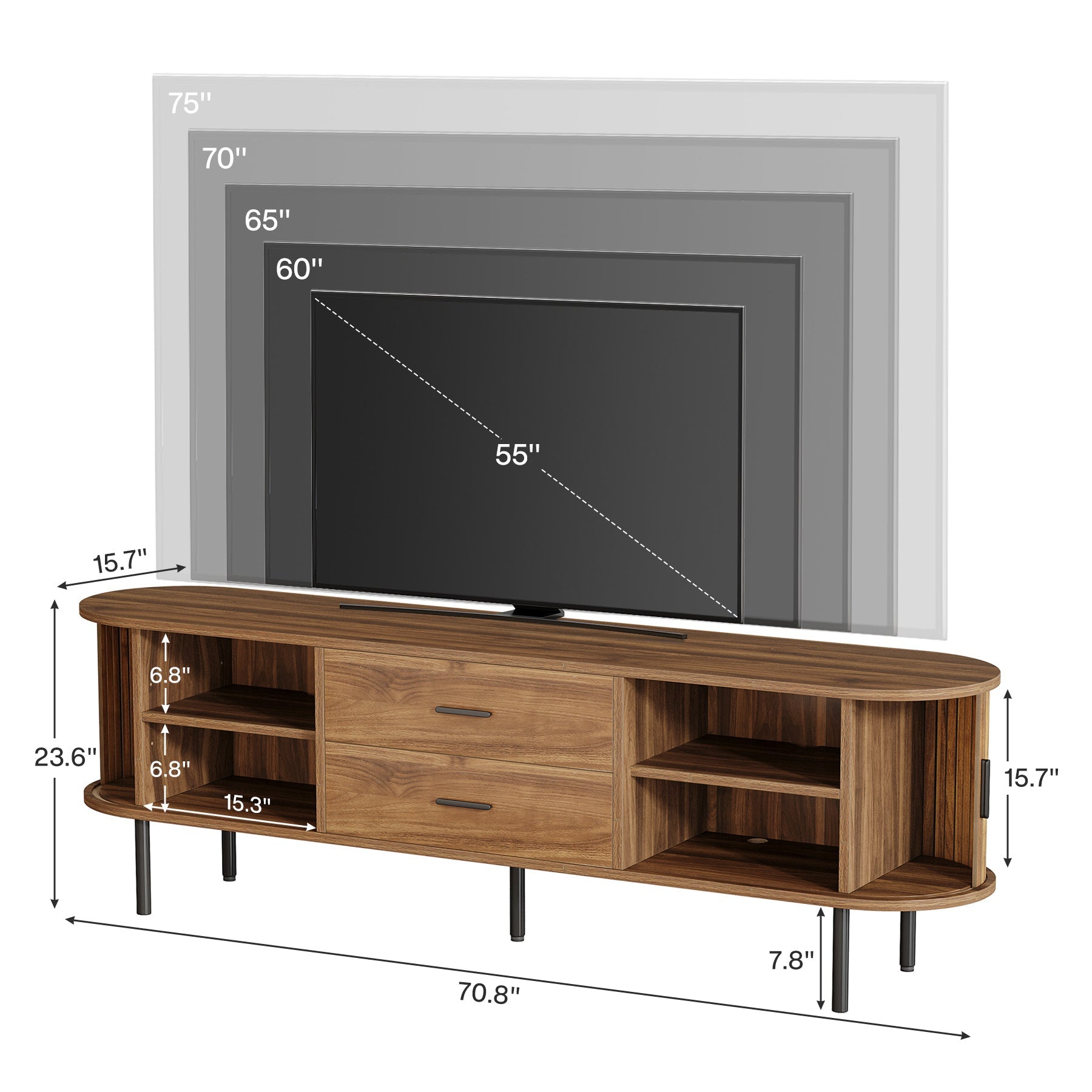 70" TV Stand, Modern Media Console with Storage and Sliding Tambour Door