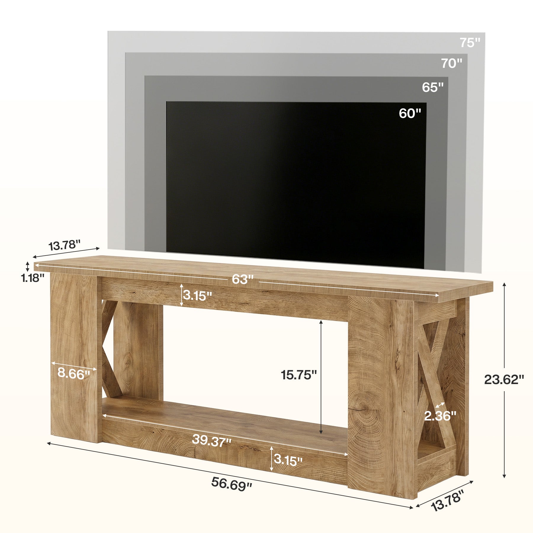 63-Inch Farmhouse TV Stand for TVs up to 70 Inches, Rustic Media Console with 2-Tier Open Storage