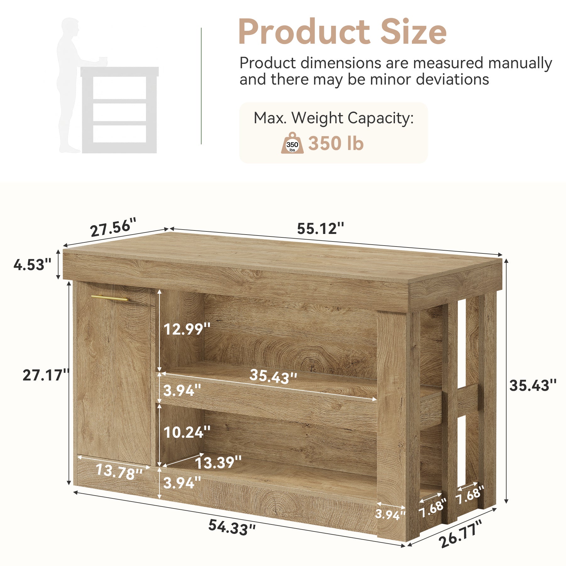 55" Kitchen Island with Trash Storage Cabinet, Farmhouse Island Table with 2-Tier Shelf