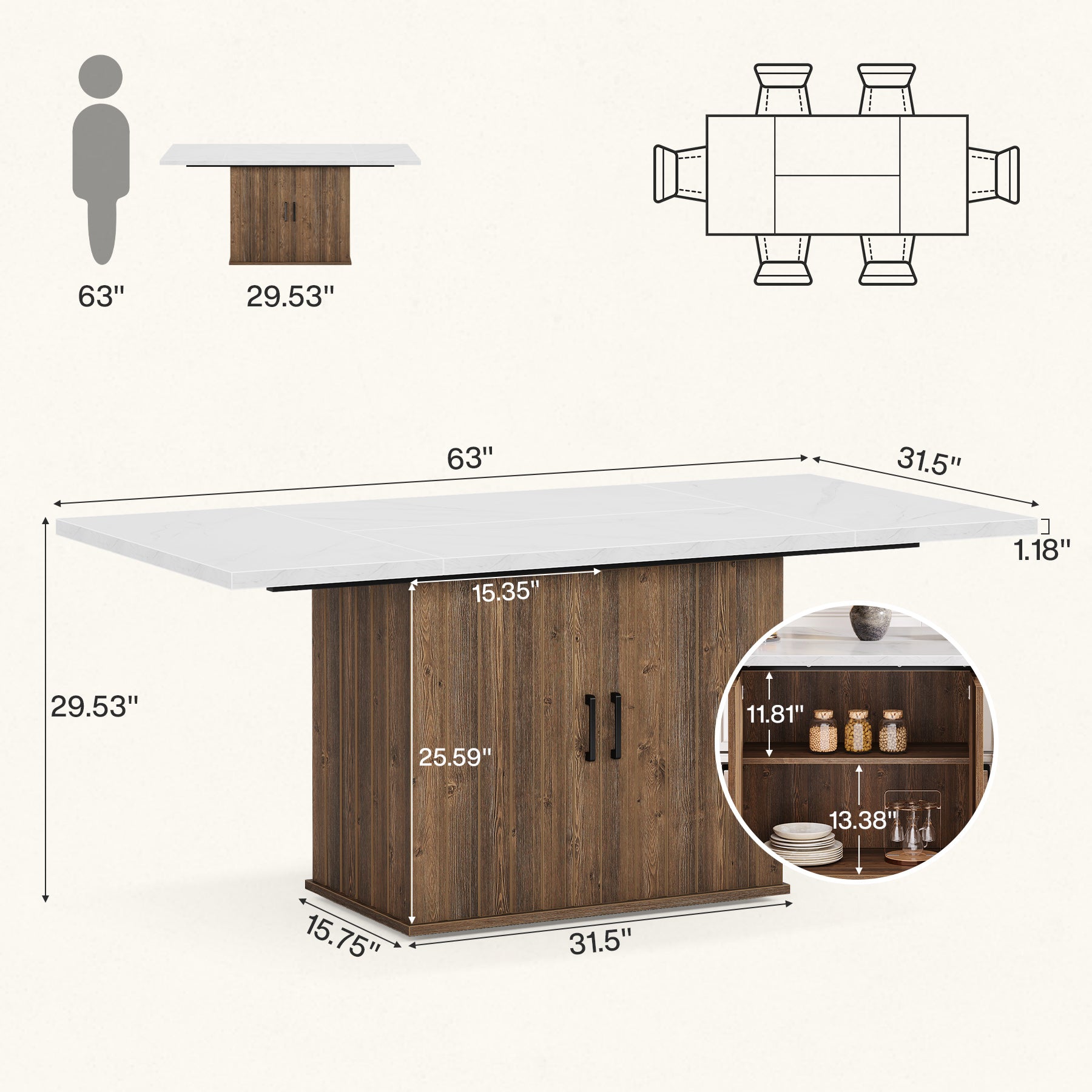 63" Dinning Table for 4-6, Rectangular Kitchen Table with Storage Cabinet