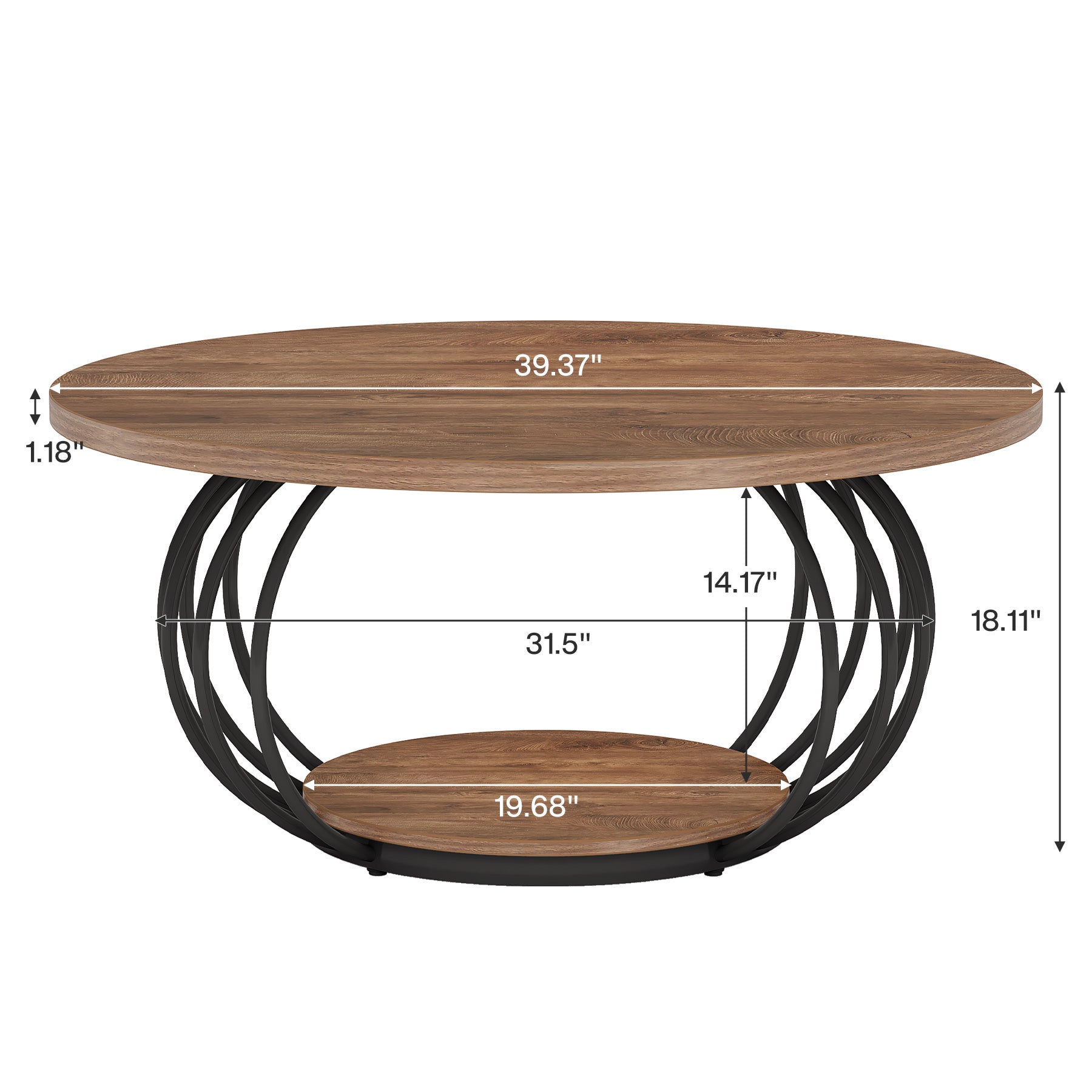 39.4" Coffee Table, Round 2 - Tier Accent Center Cocktail Table with Storage Shelf Tribesigns