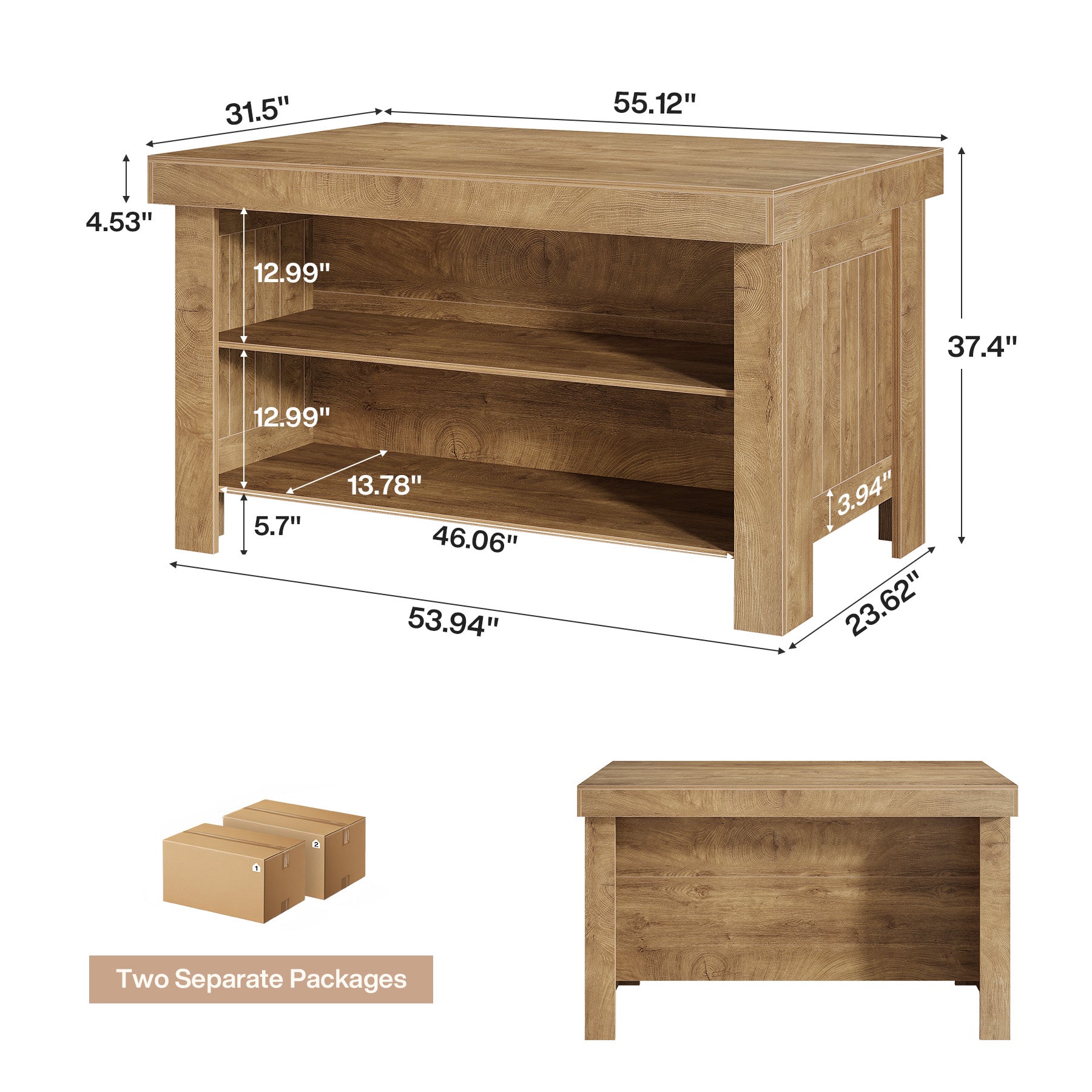 55" Kitchen Island Table, Farmhouse Counter Height Bar Table with Storage Shelves