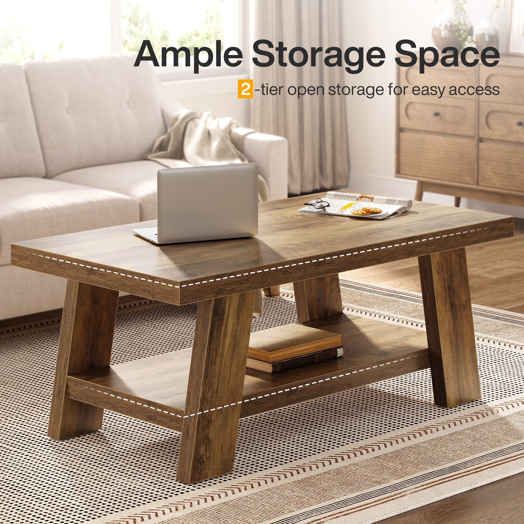 47" Coffee Table, Farmhouse 2 - tier Center Table with Storage Tribesigns