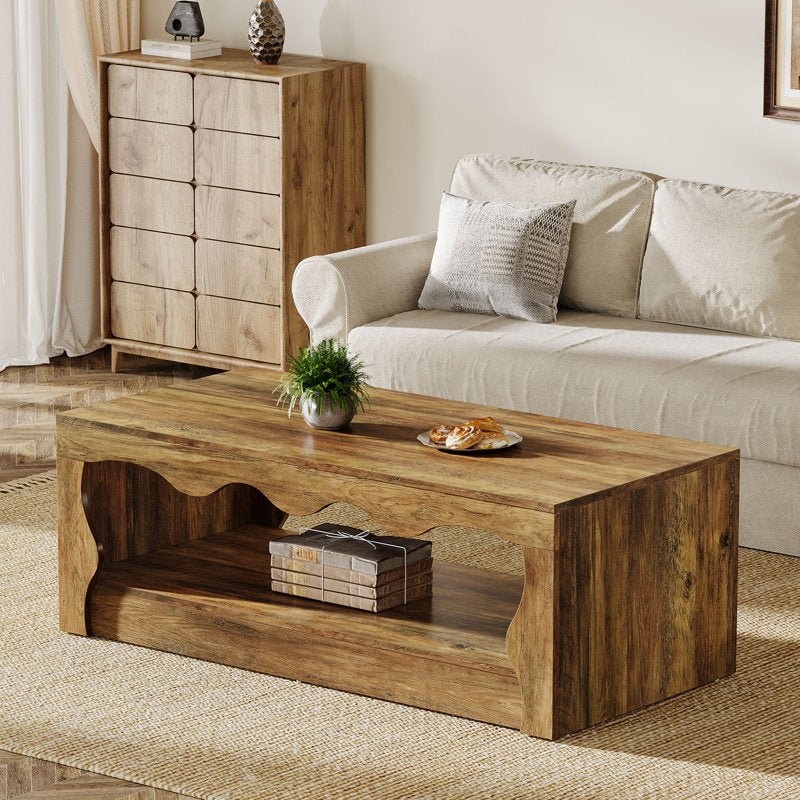 47" Coffee Table, Low Center Cocktail Tea Table with Waved Edge Tribesigns