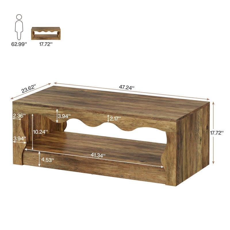 47" Coffee Table, Low Center Cocktail Tea Table with Waved Edge Tribesigns