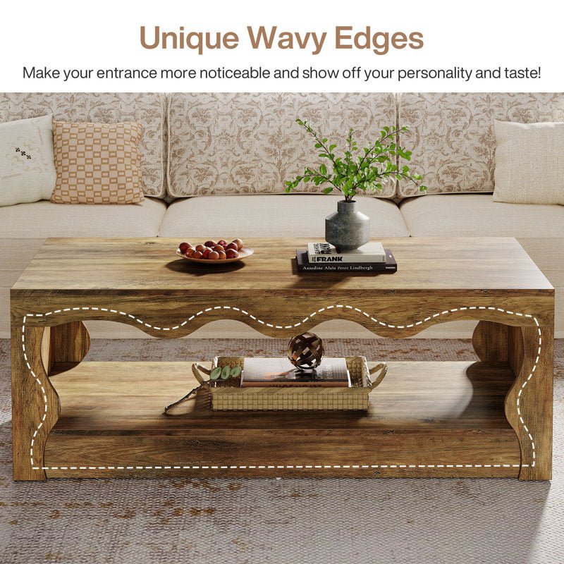 47" Coffee Table, Low Center Cocktail Tea Table with Waved Edge Tribesigns