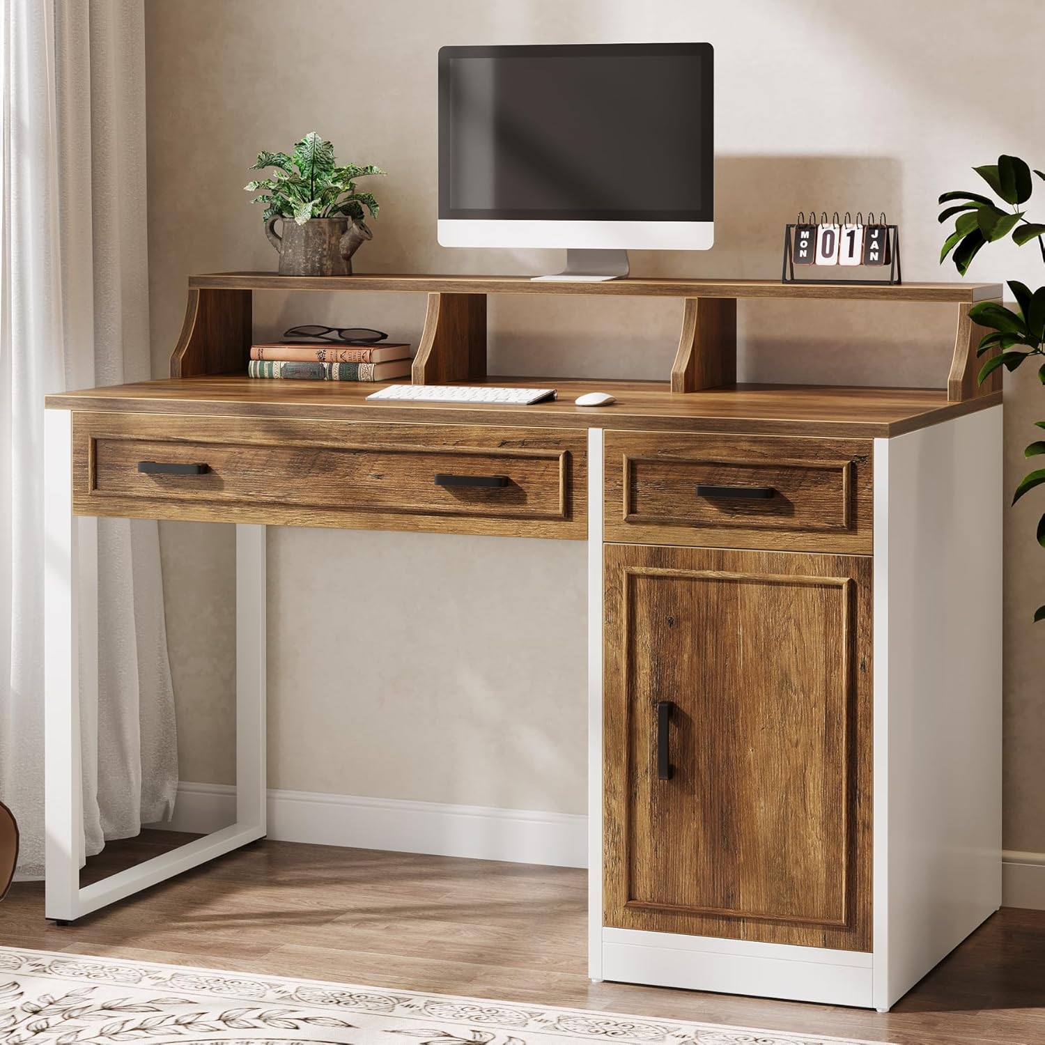 47" Computer Desk, Modern Executive Office Desk with Drawers & Hutch Tribesigns