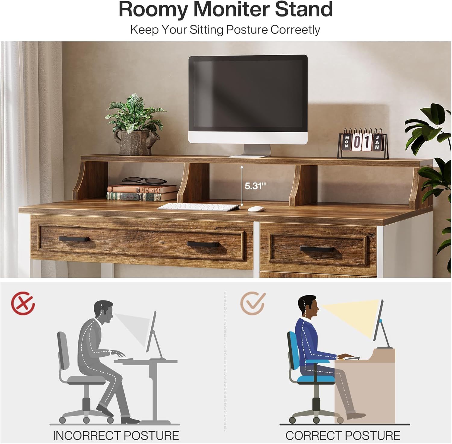 47" Computer Desk, Modern Executive Office Desk with Drawers & Hutch Tribesigns