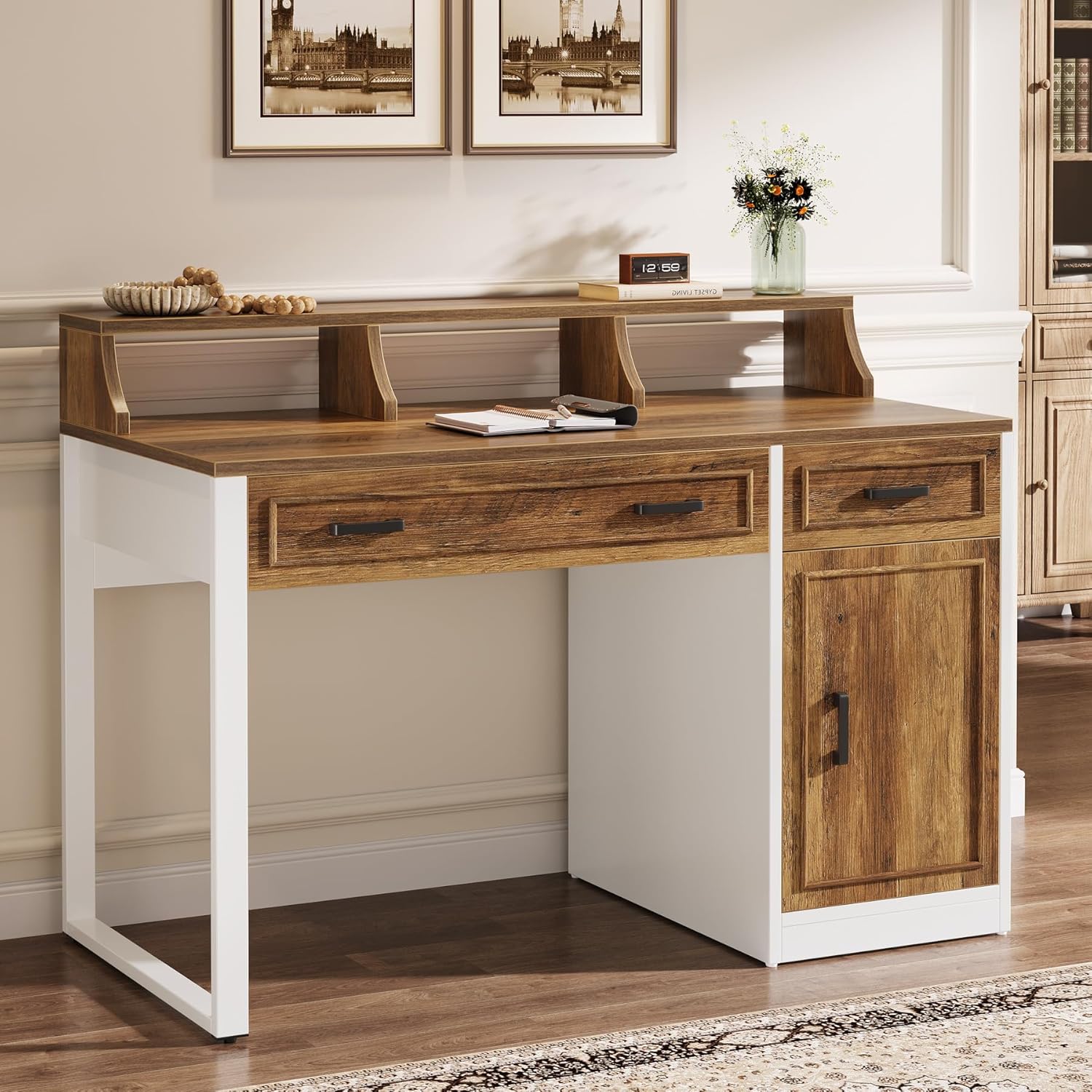 47" Computer Desk, Modern Executive Office Desk with Drawers & Hutch Tribesigns