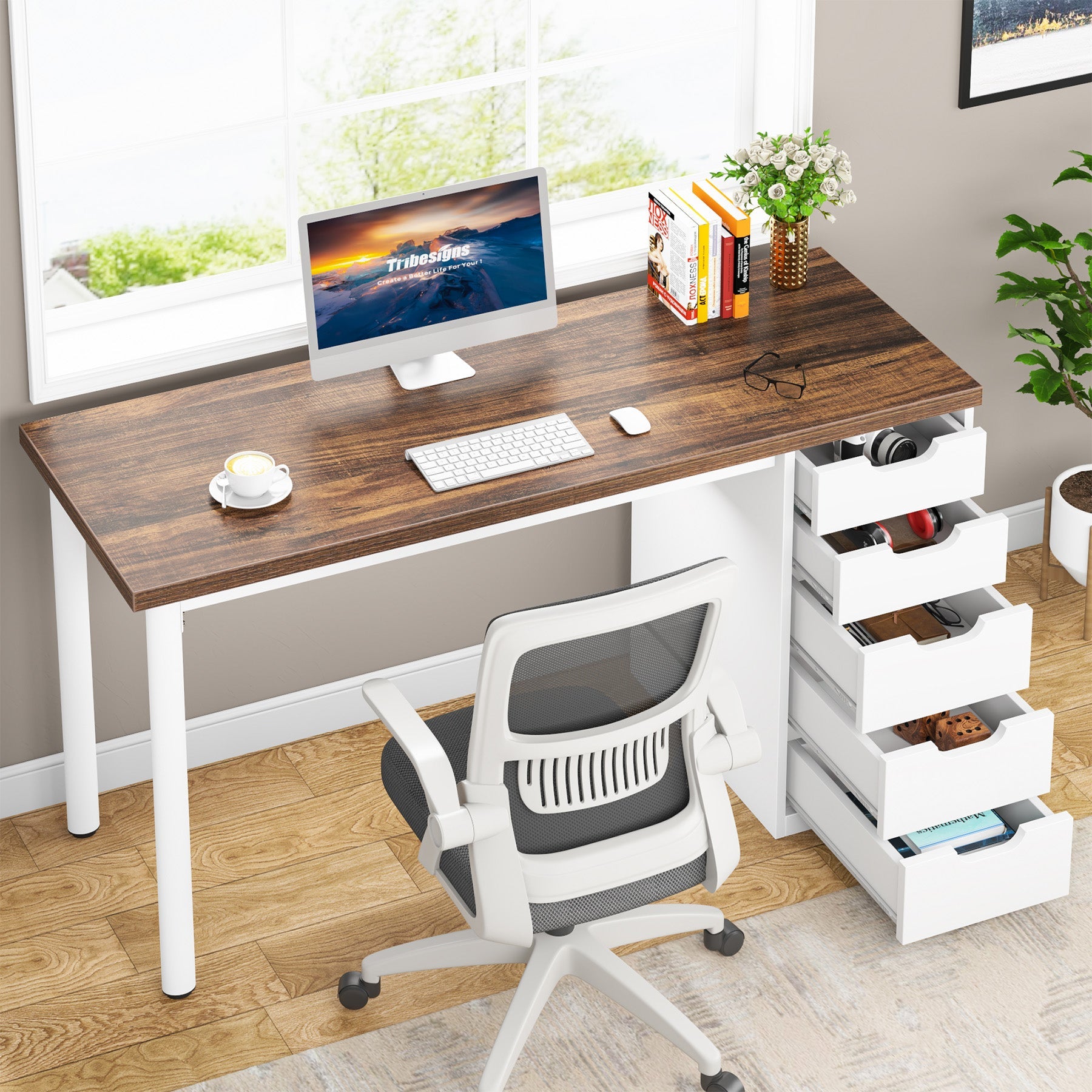 47" Computer Desk with 5 Drawers, Modern Study Table Writing Desk Tribesigns