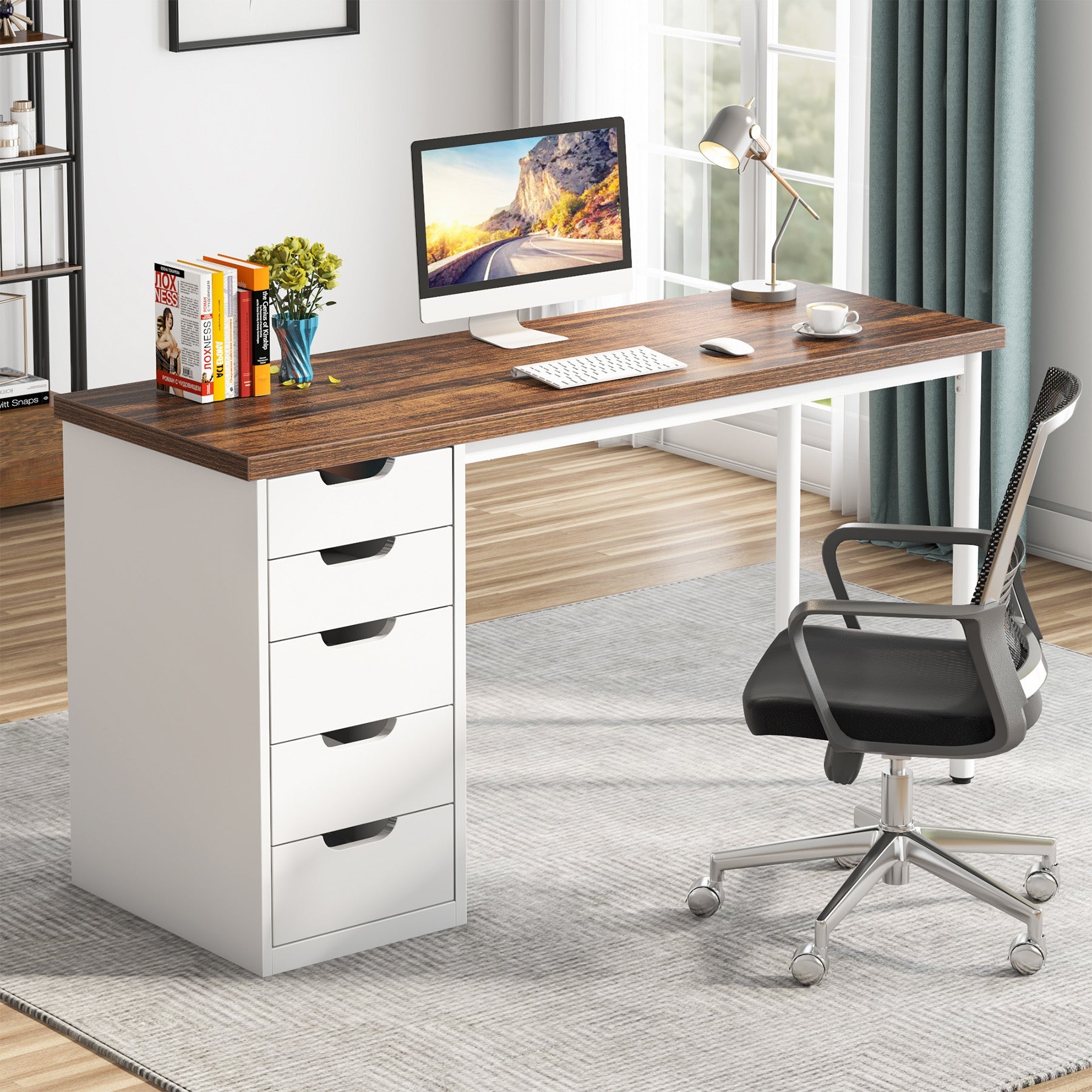 47" Computer Desk with 5 Drawers, Modern Study Table Writing Desk Tribesigns