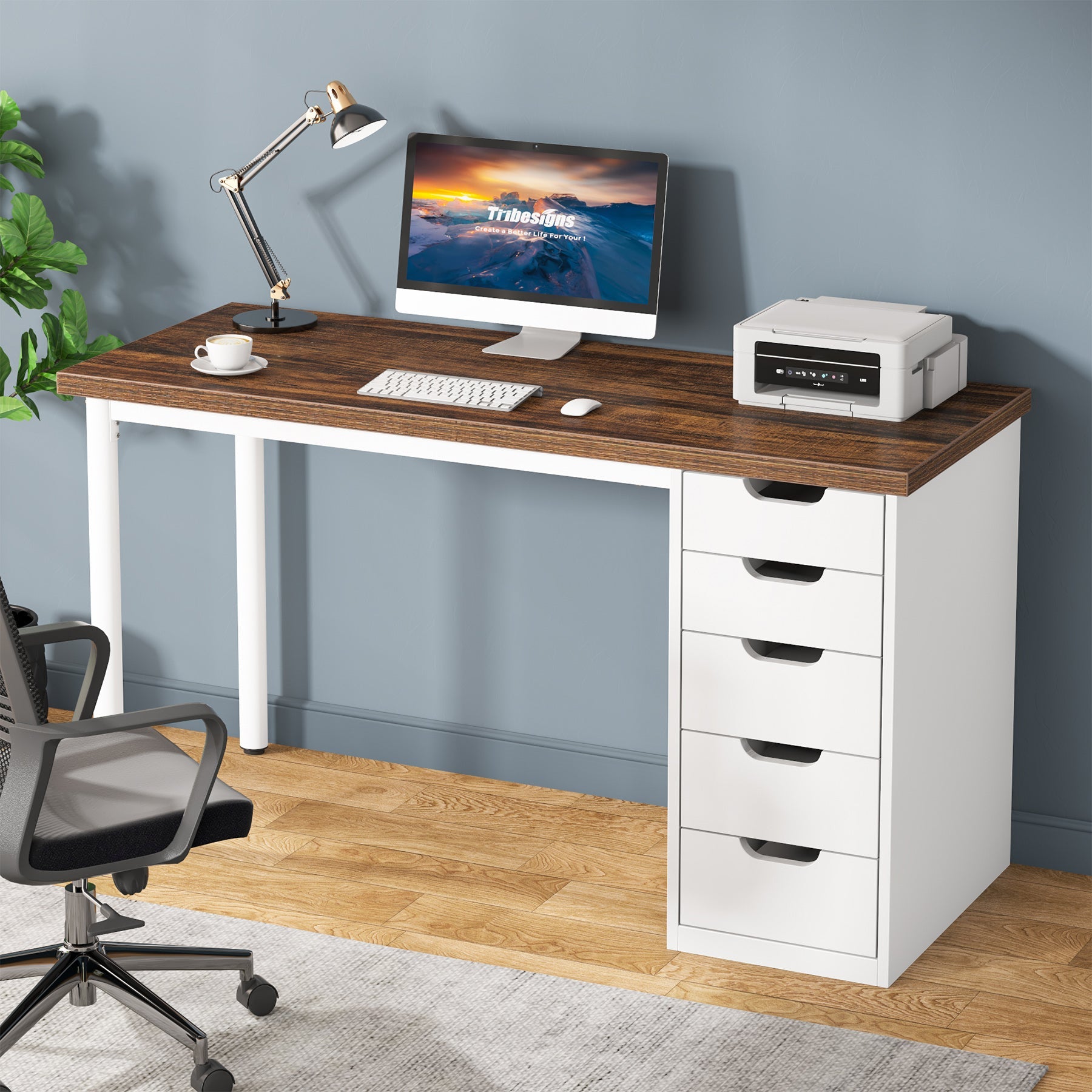 47" Computer Desk with 5 Drawers, Modern Study Table Writing Desk Tribesigns