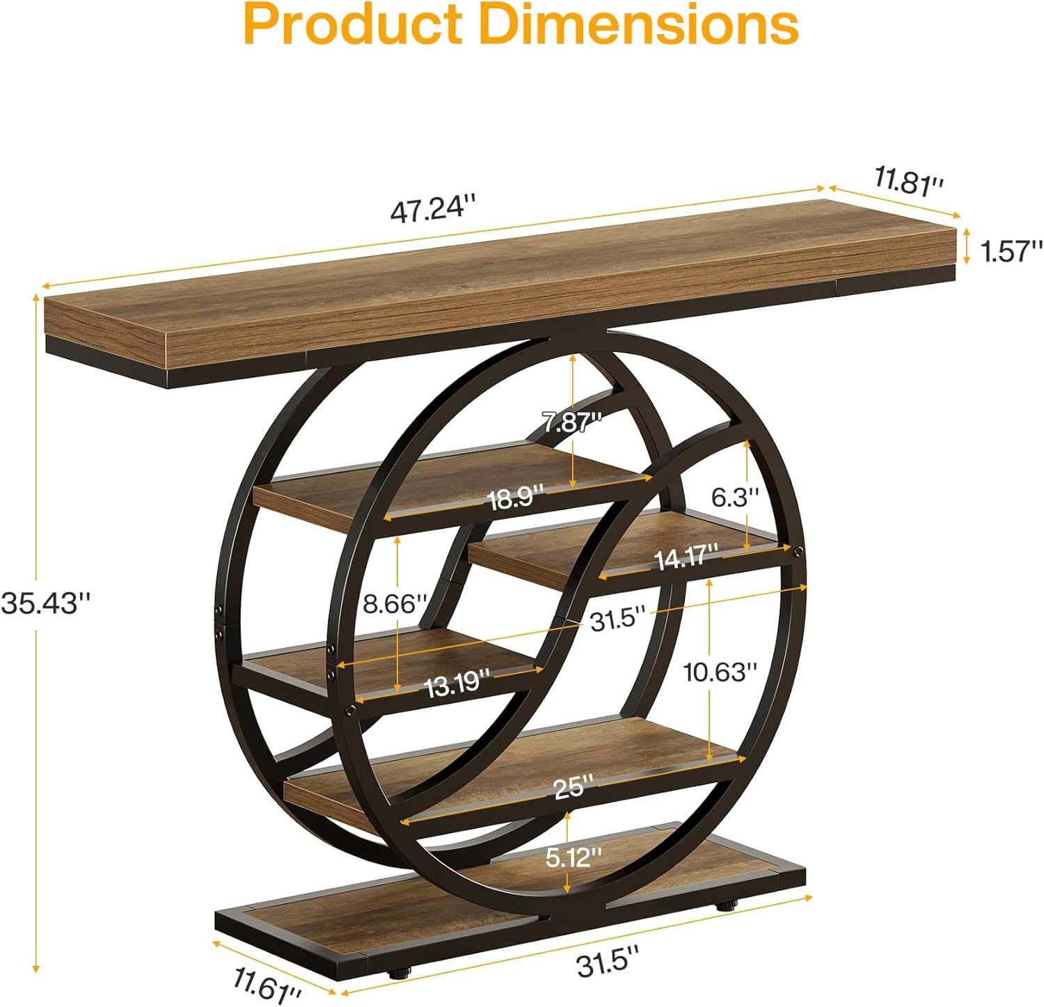 47" Console Table, 6 - Tier Industrial Sofa Table Entryway Table with Storage Shelves Tribesigns