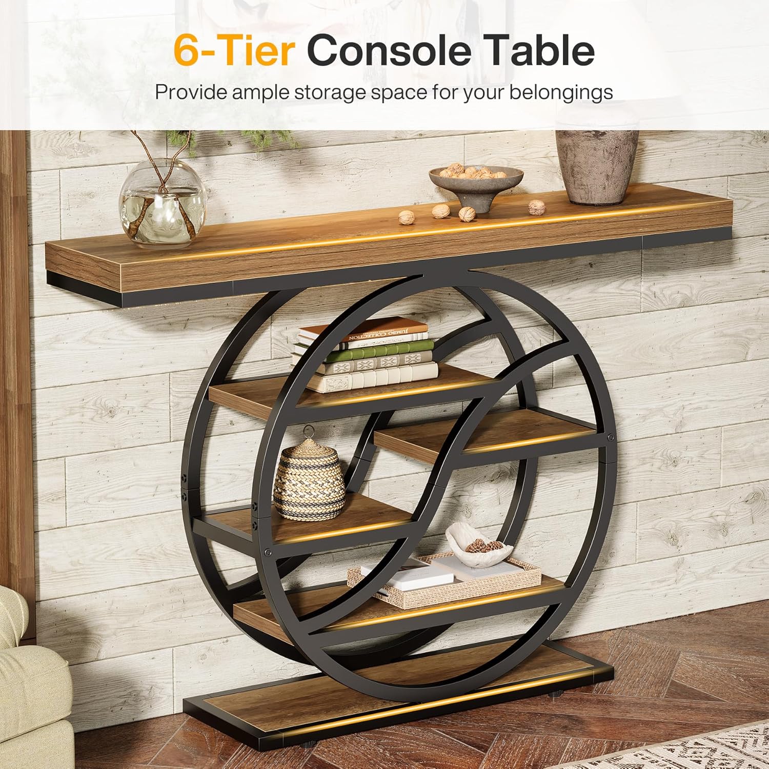 47" Console Table, 6 - Tier Industrial Sofa Table Entryway Table with Storage Shelves Tribesigns