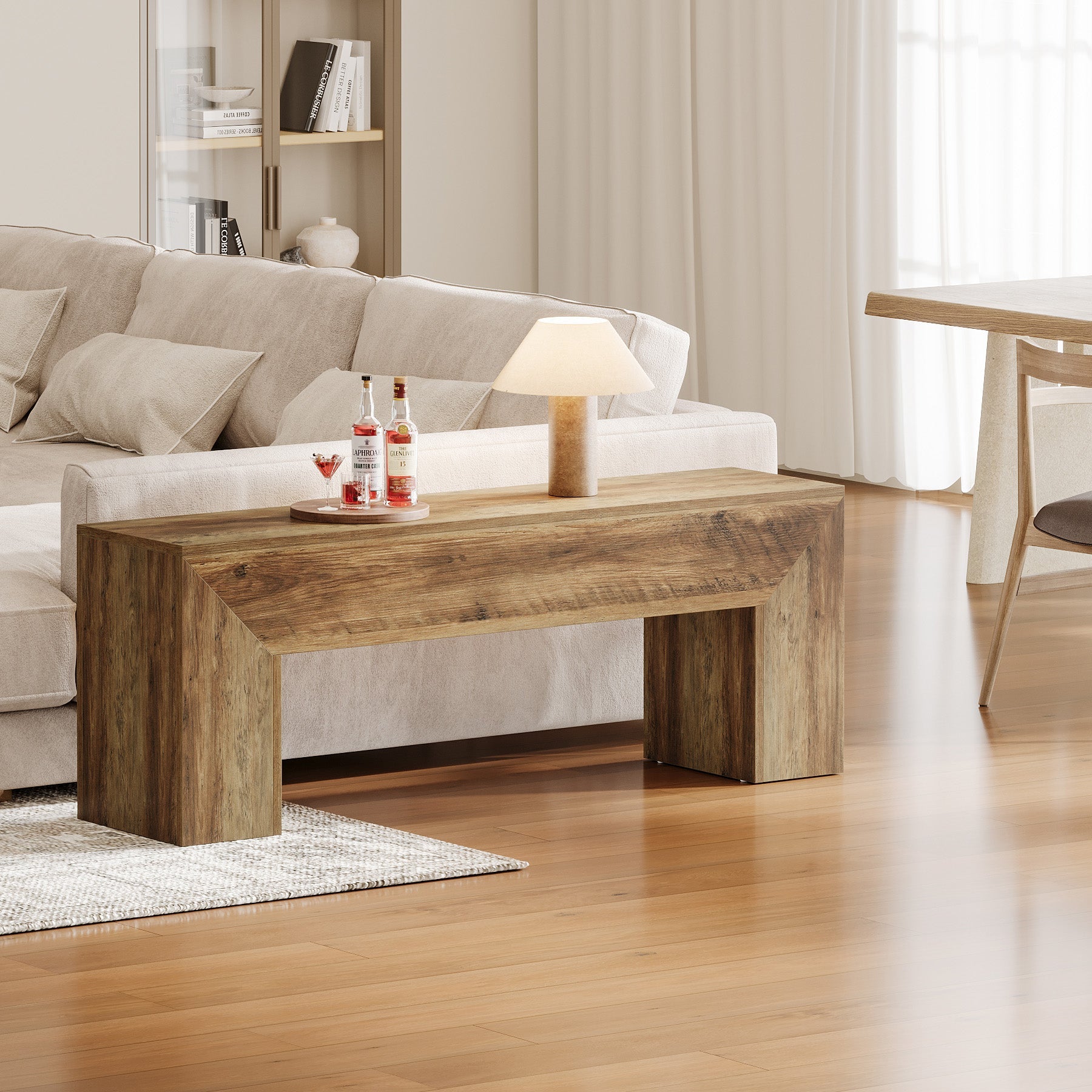 Living room scene featuring Tribesigns's 47" Dining Bench, Farmhouse Entryway Bench End of Bed Bench.