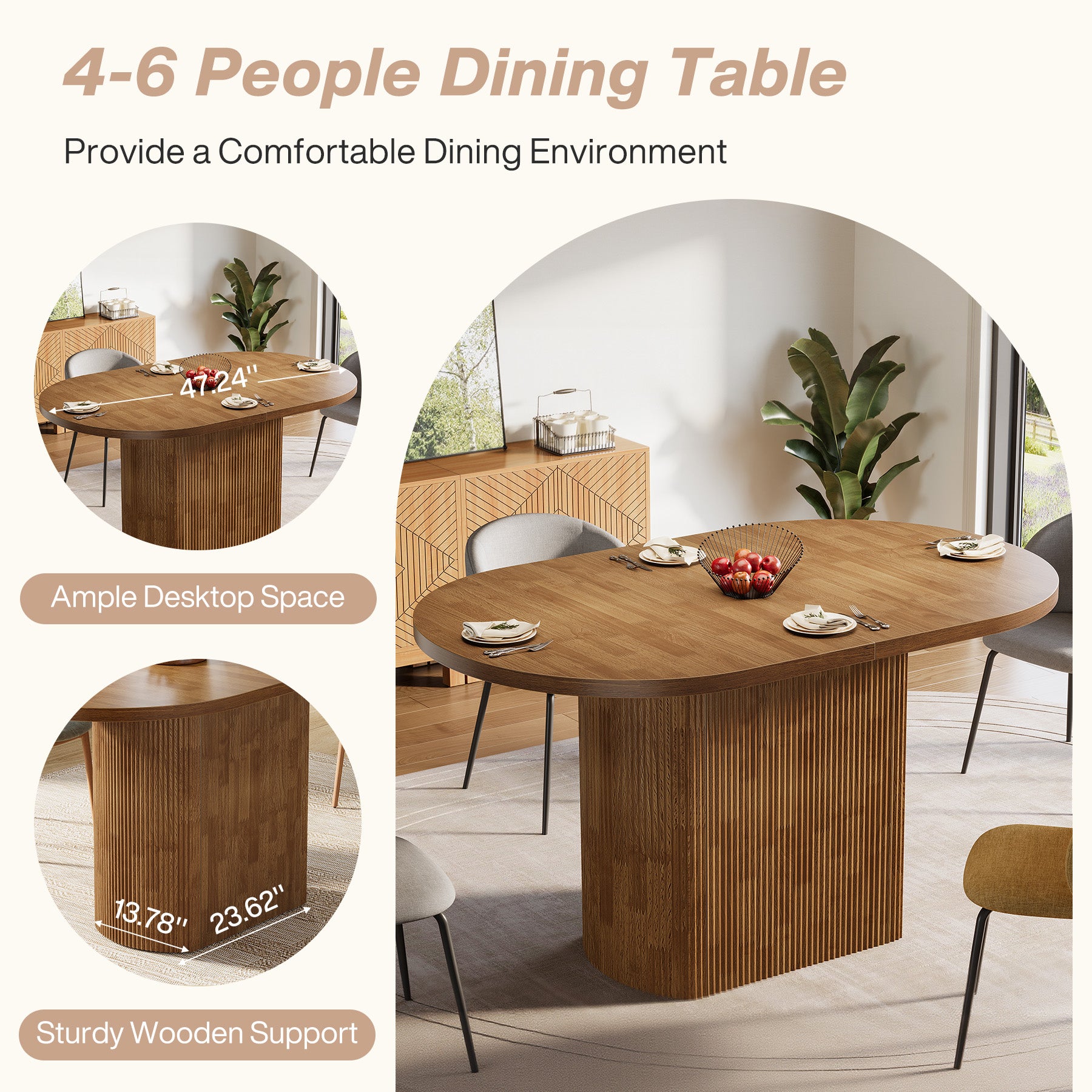 47.24" Dining Table, Oval Kitchen Dinner Table With Hollow Base for 4 People