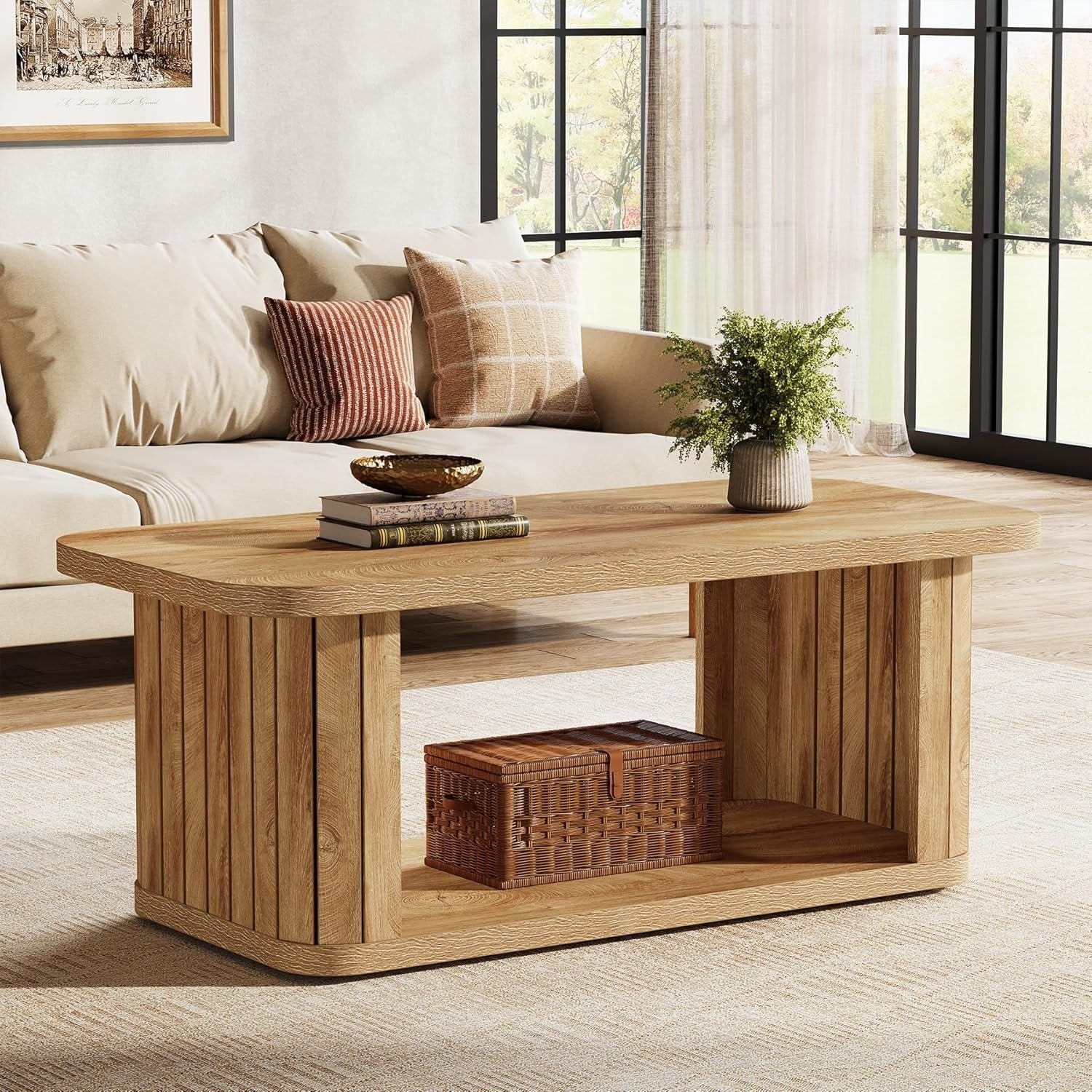 47.2" Coffee Table, Farmhouse 2-Tier Rectangle Center Tables for Living Room