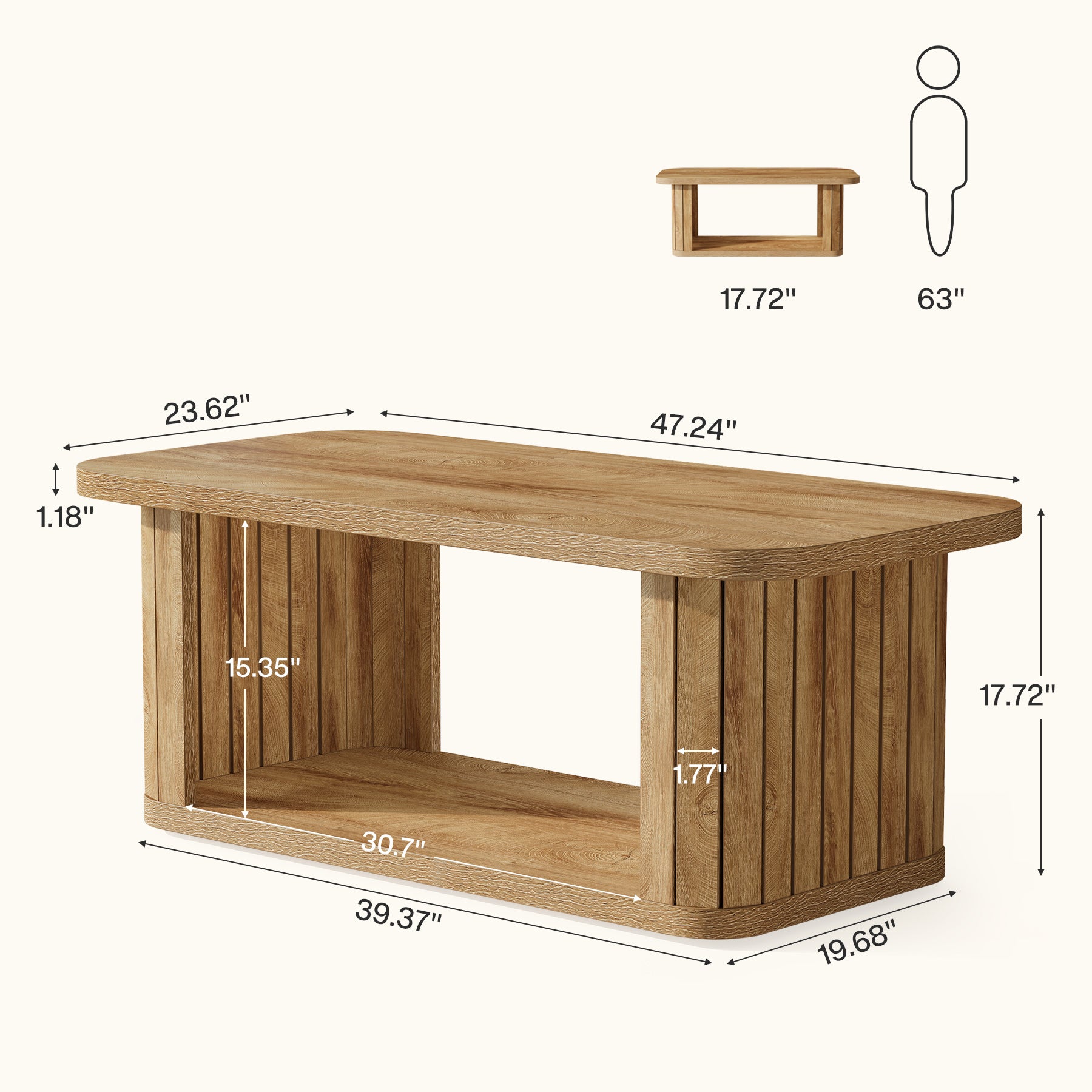 47.2" Coffee Table, Farmhouse 2-Tier Rectangle Center Tables for Living Room