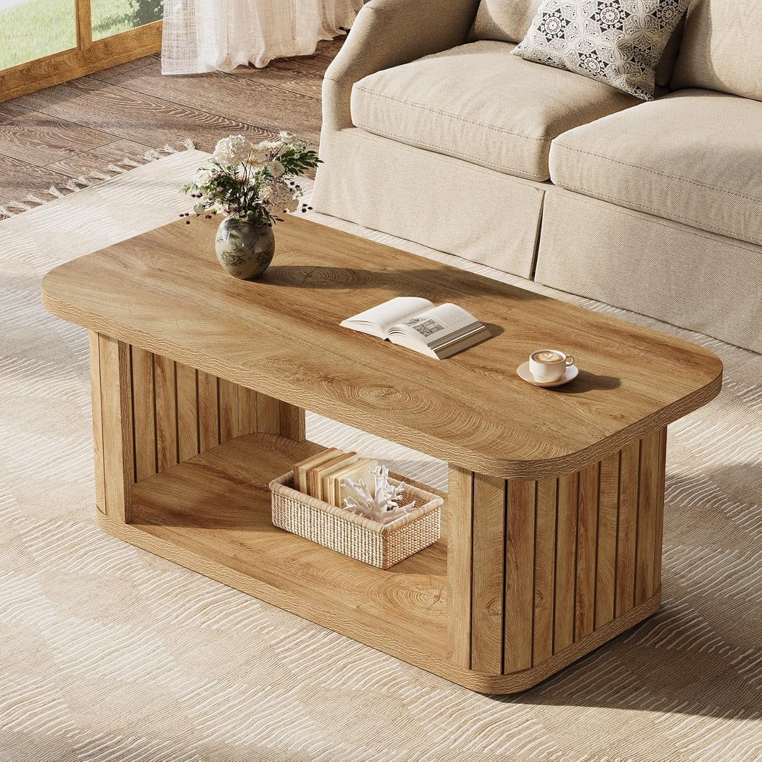 47.2" Coffee Table, Farmhouse 2-Tier Rectangle Center Tables for Living Room