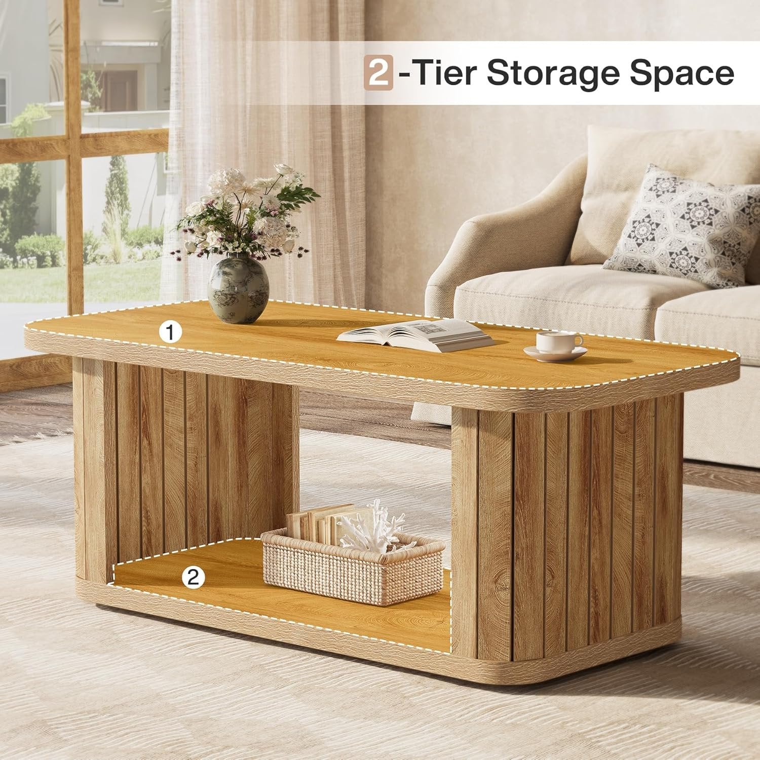 47.2" Coffee Table, Farmhouse 2-Tier Rectangle Center Tables for Living Room