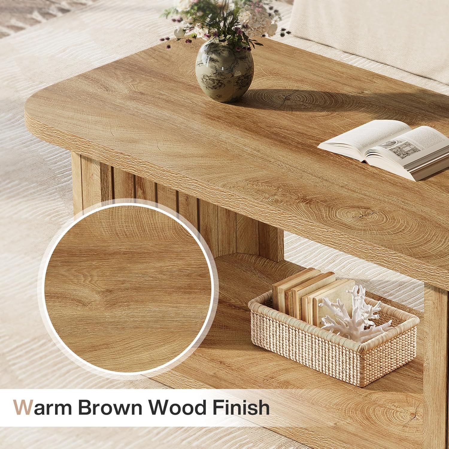 47.2" Coffee Table, Farmhouse 2-Tier Rectangle Center Tables for Living Room