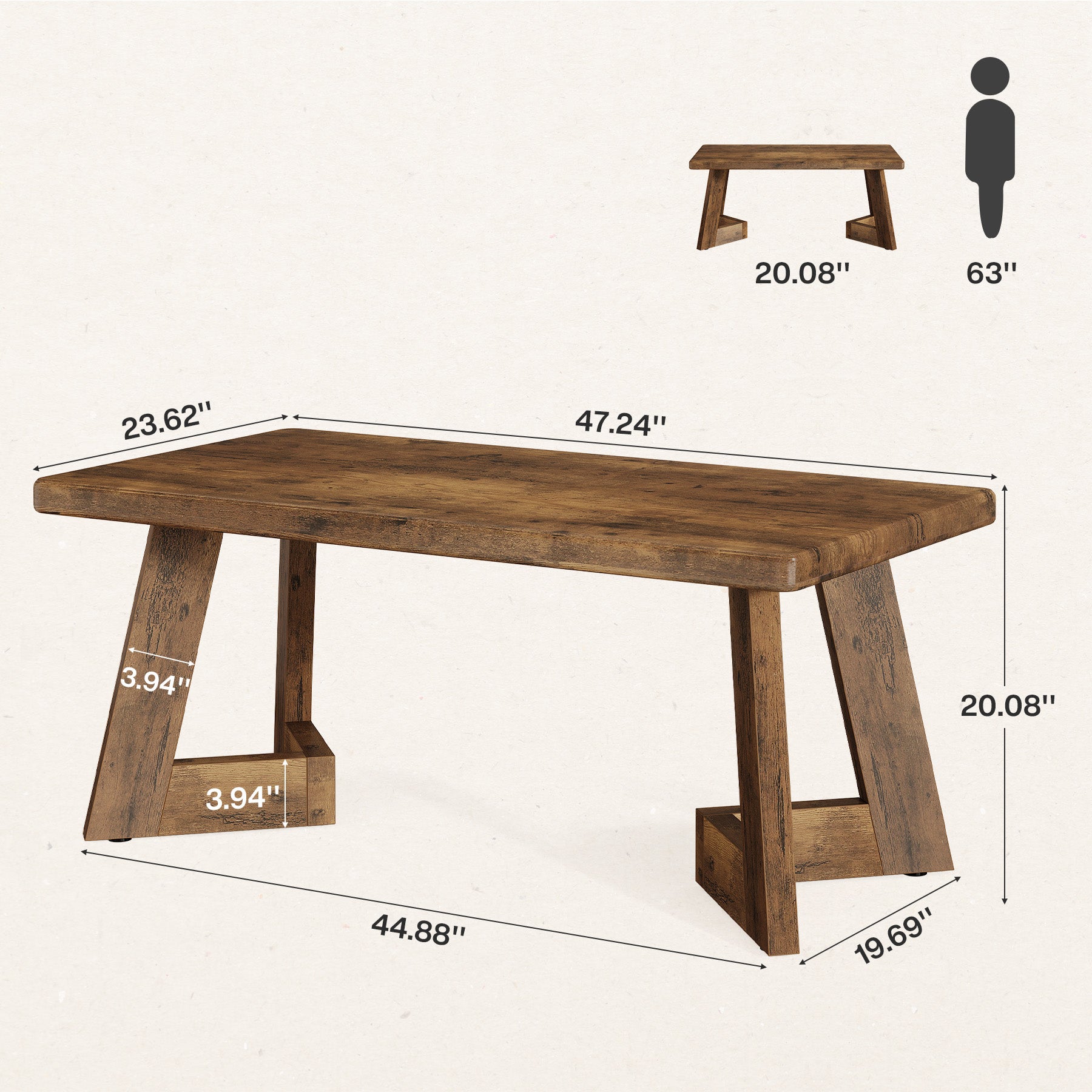 47.2" Coffee Table, Farmhouse Center Table with V-Shaped Legs