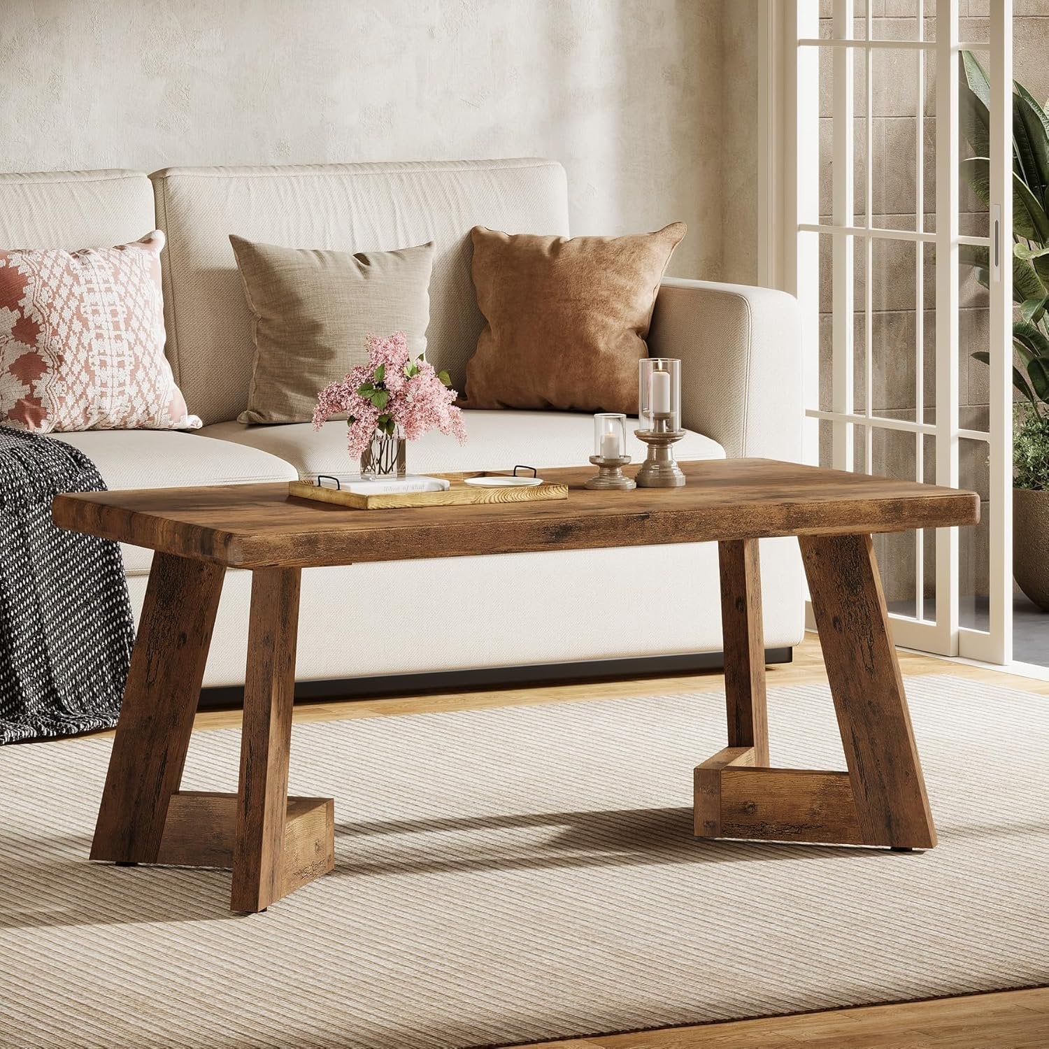 47.2" Coffee Table, Farmhouse Center Table with V-Shaped Legs