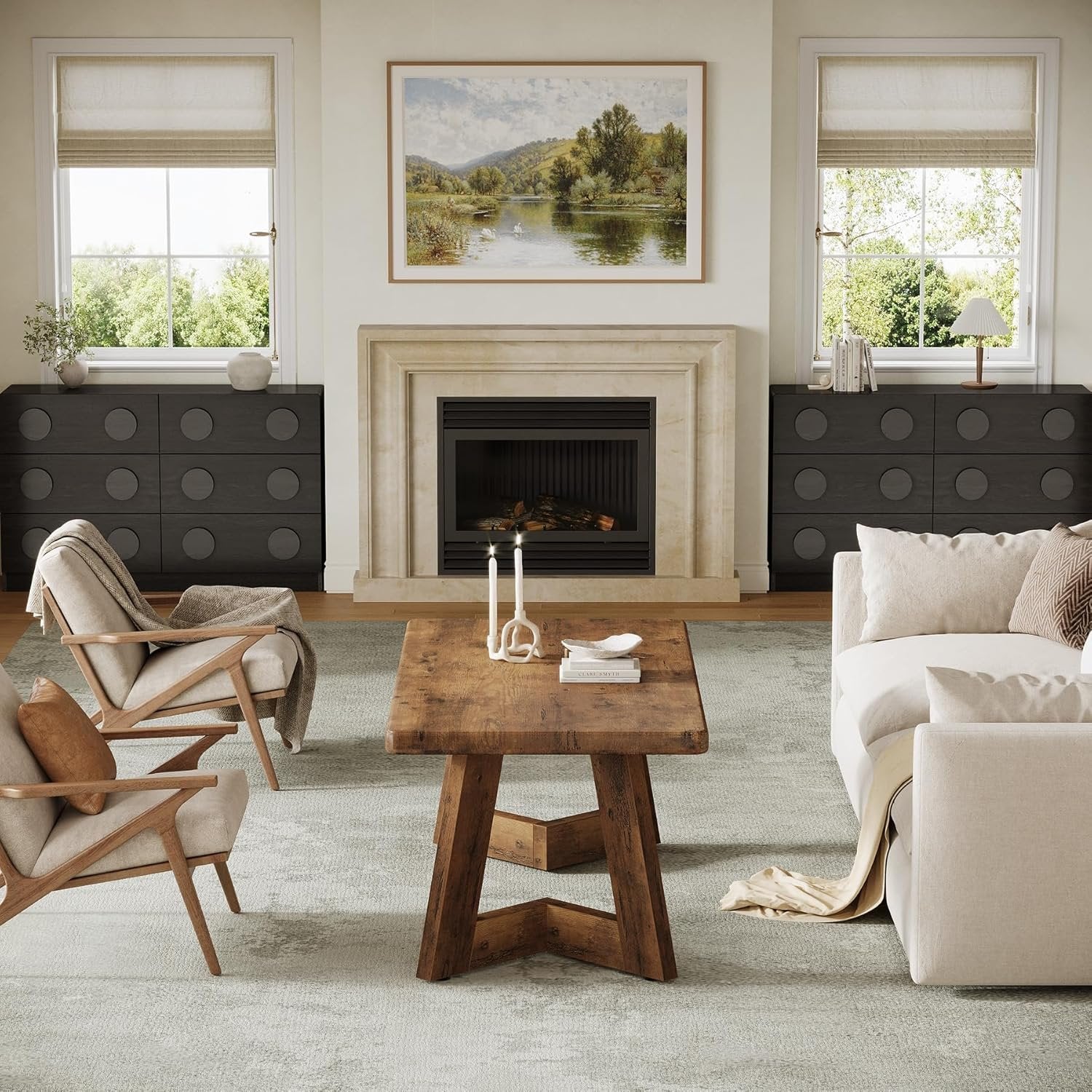 47.2" Coffee Table, Farmhouse Center Table with V-Shaped Legs