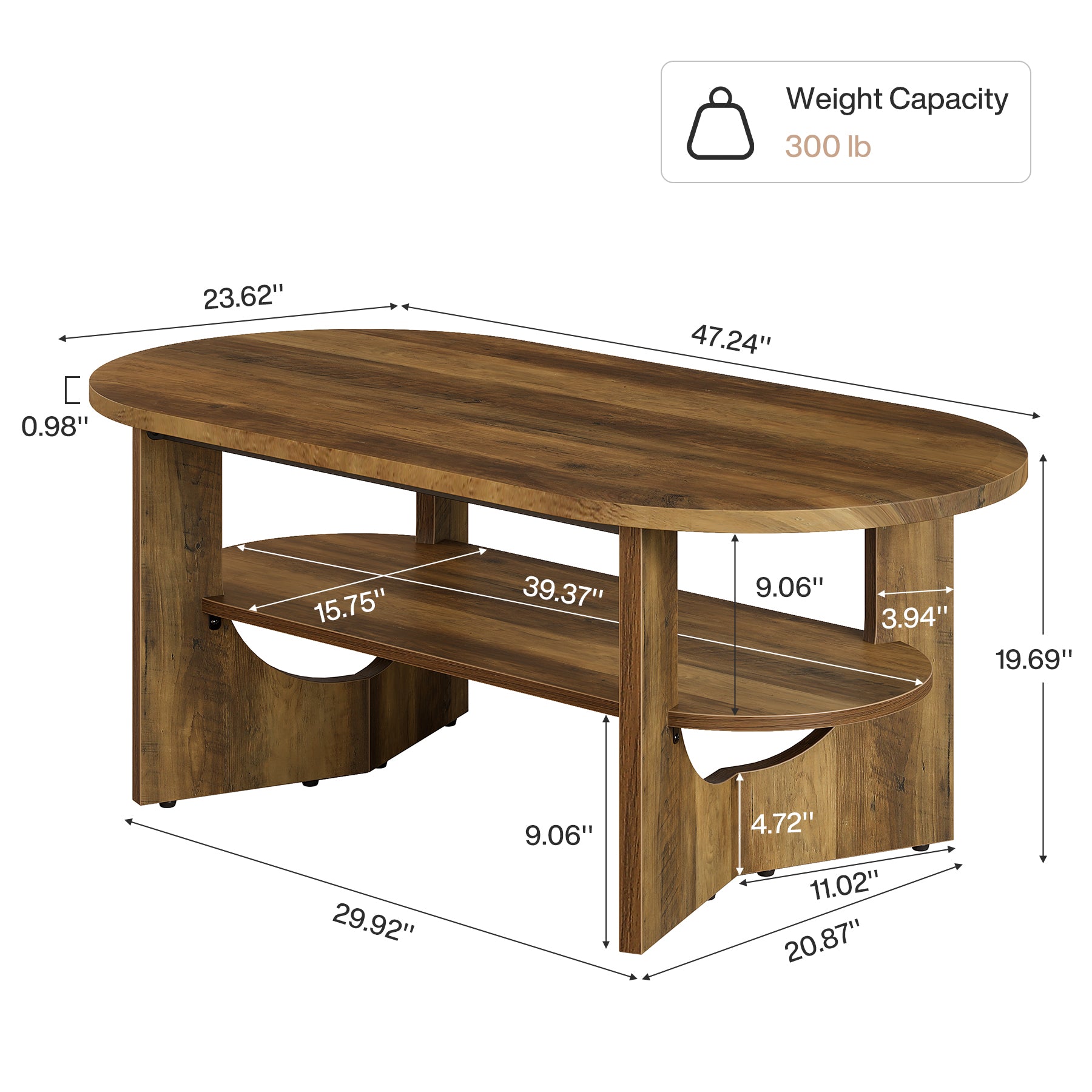 47.2" Coffee Table, Wooden Oval Center Table with 2 Tiers of Shelves