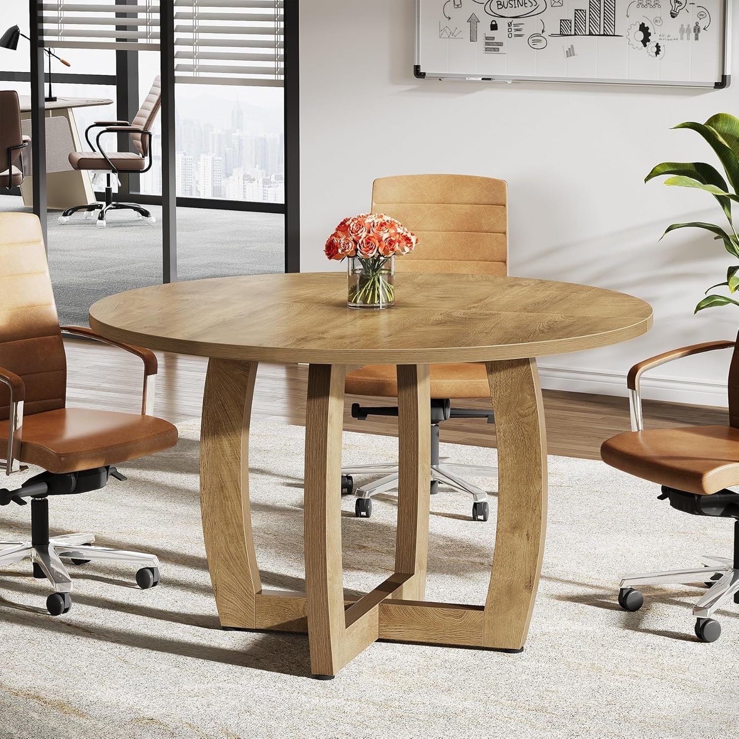 47.2" Conference Table, Round Business Meeting Table with Cross Base