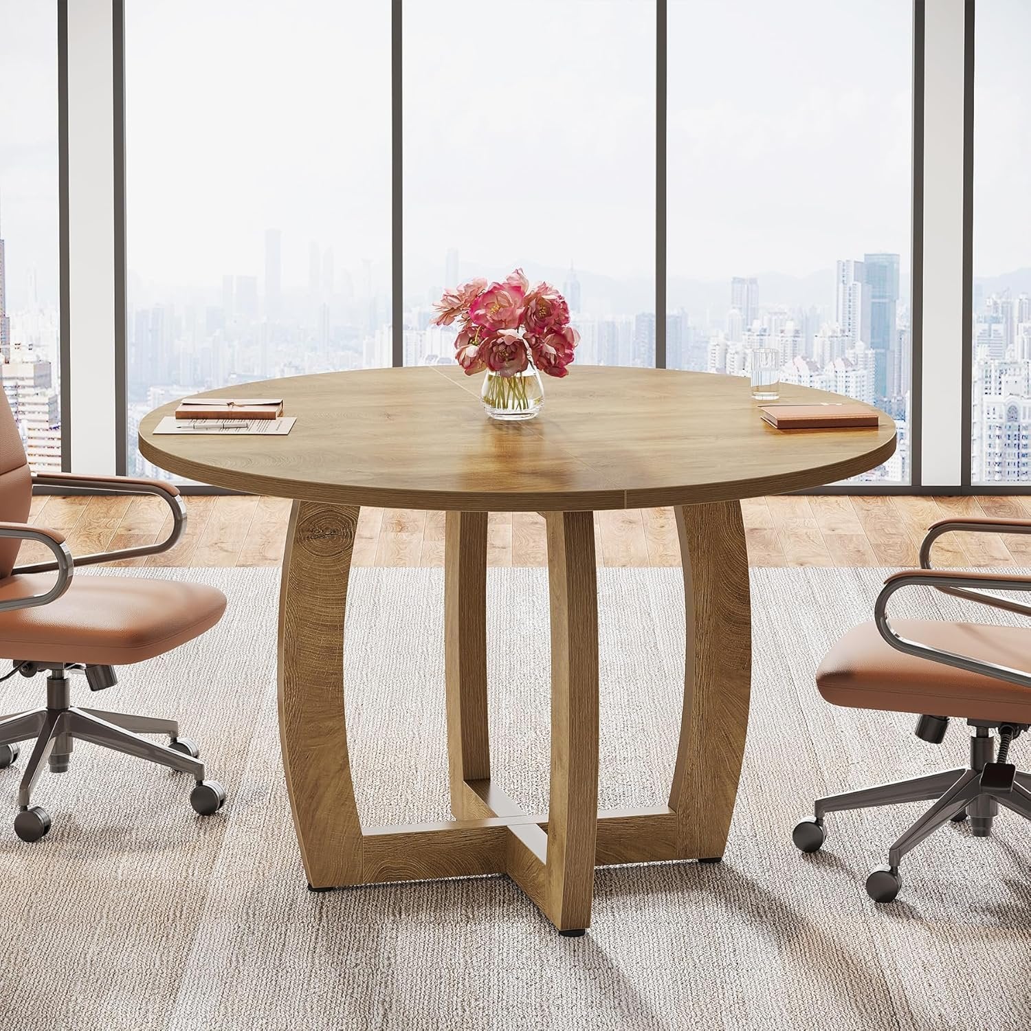 47.2" Conference Table, Round Business Meeting Table with Cross Base
