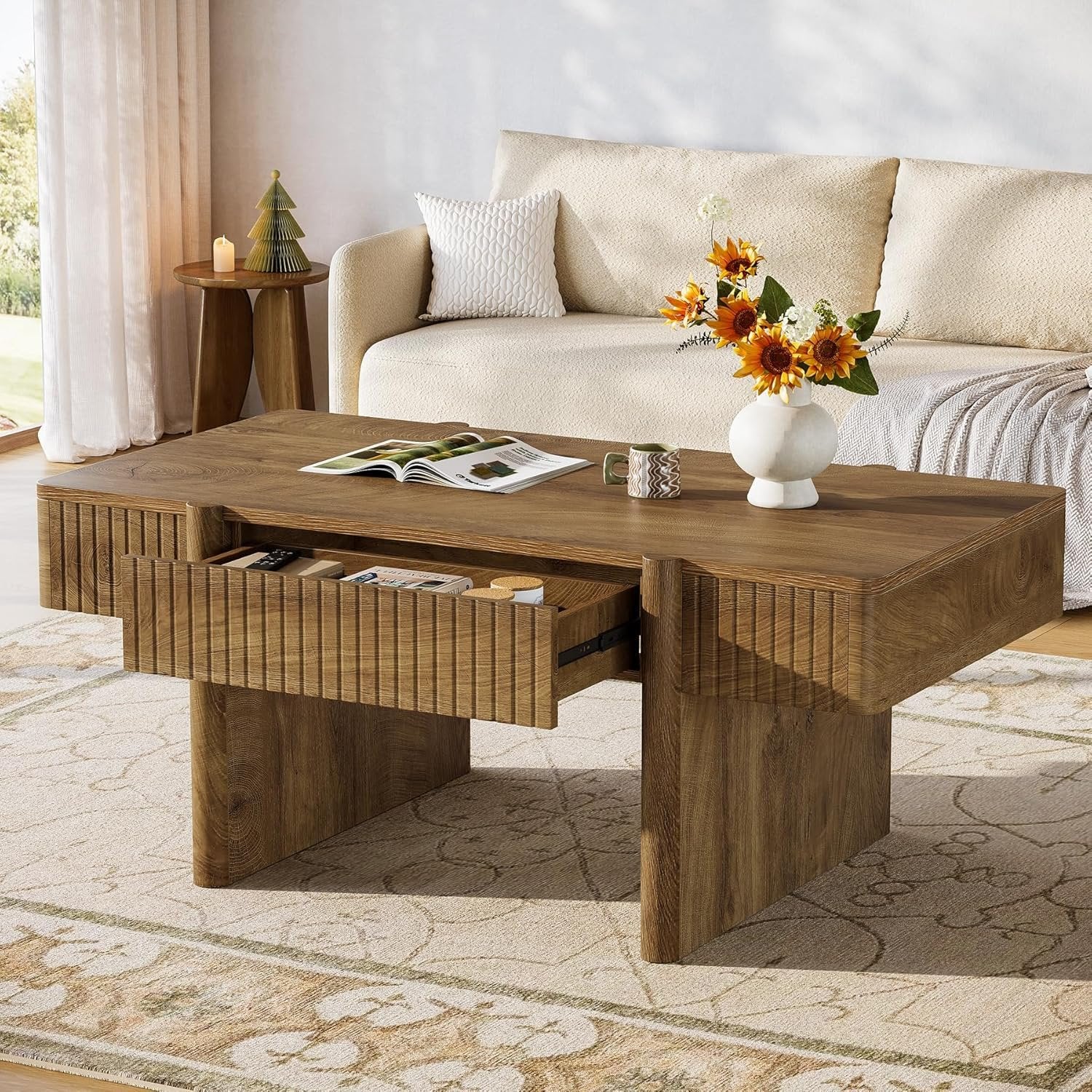 47.2" Rectangle Coffee Table, Wooden Center Table with 2 Storage Drawers