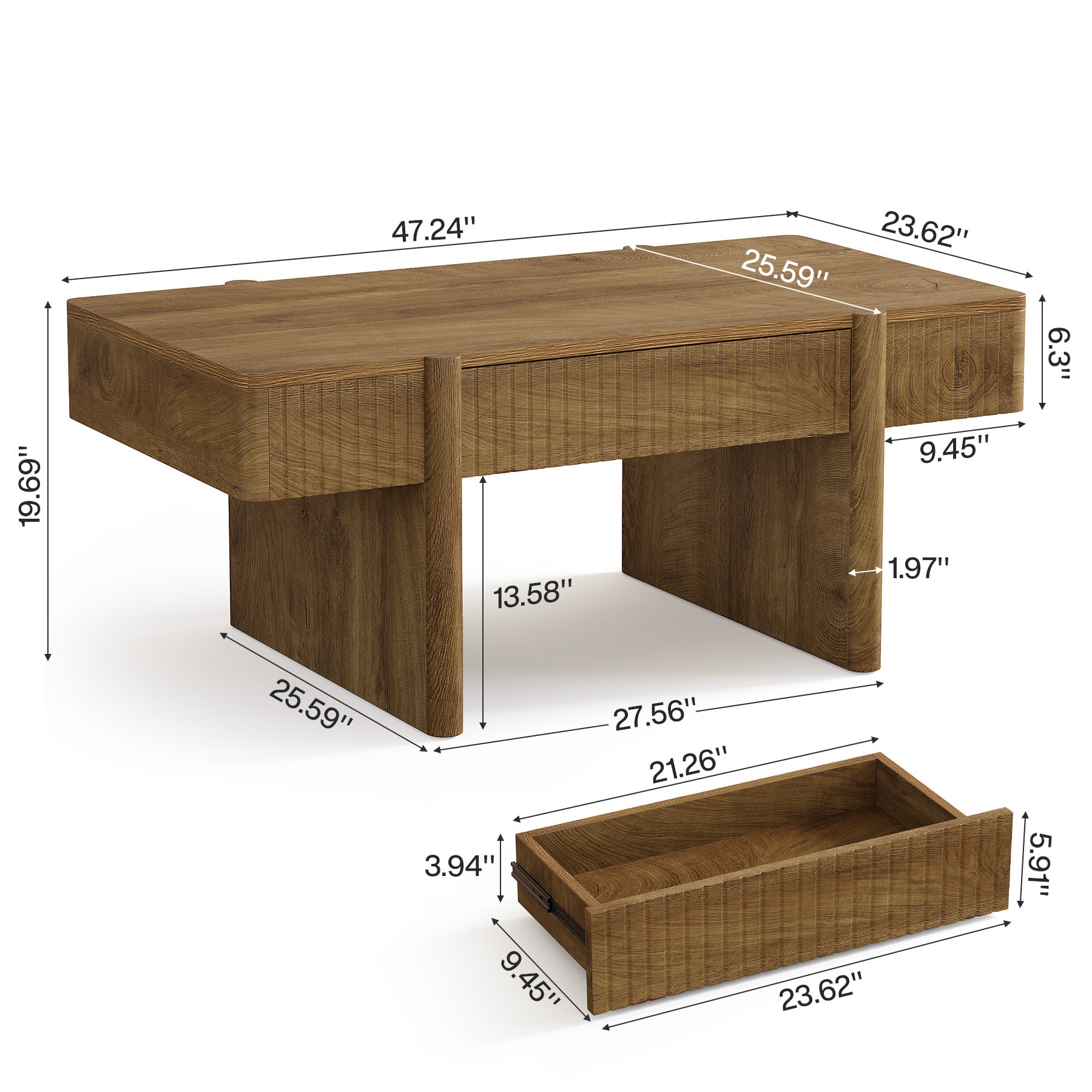 47.2" Rectangle Coffee Table, Wooden Center Table with 2 Storage Drawers