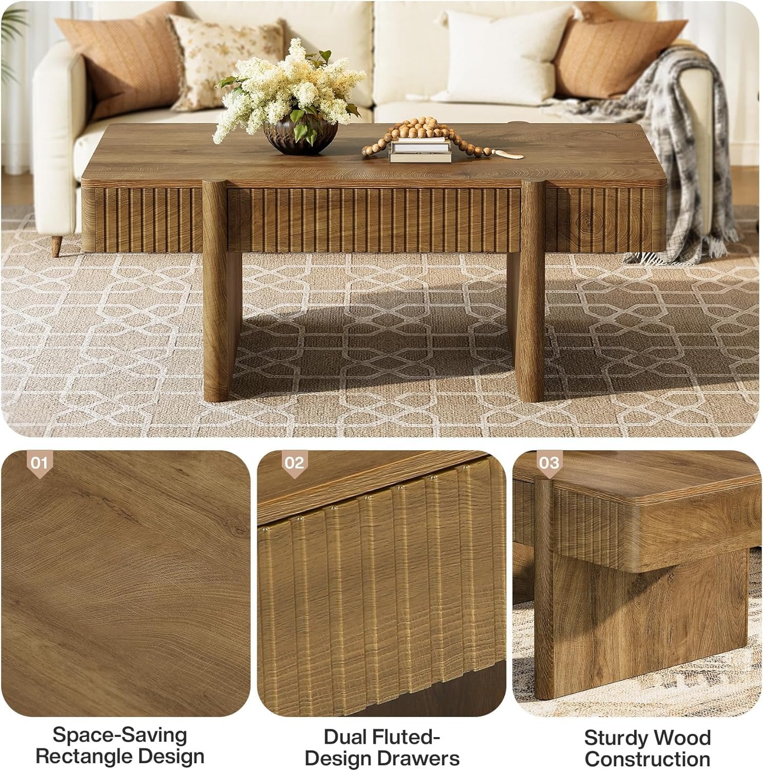 47.2" Rectangle Coffee Table, Wooden Center Table with 2 Storage Drawers