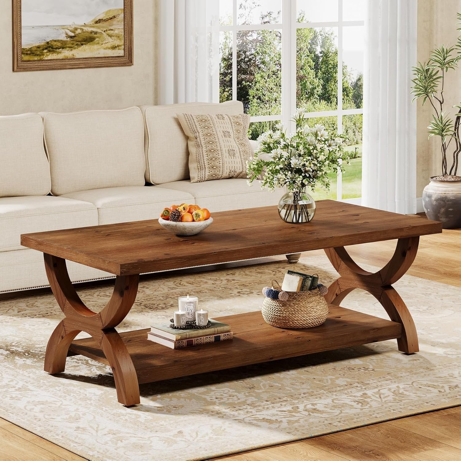 47.2" Solid Wood Coffee Tables, Farmhouse Rectangle Center Tea Table with Storage Shelf