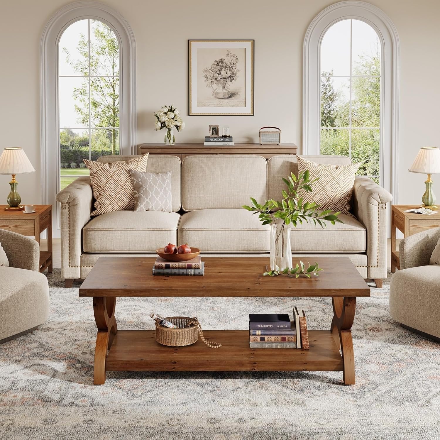 47.2" Solid Wood Coffee Tables, Farmhouse Rectangle Center Tea Table with Storage Shelf