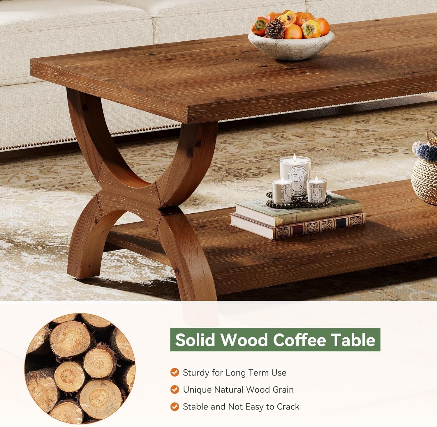 47.2" Solid Wood Coffee Tables, Farmhouse Rectangle Center Tea Table with Storage Shelf