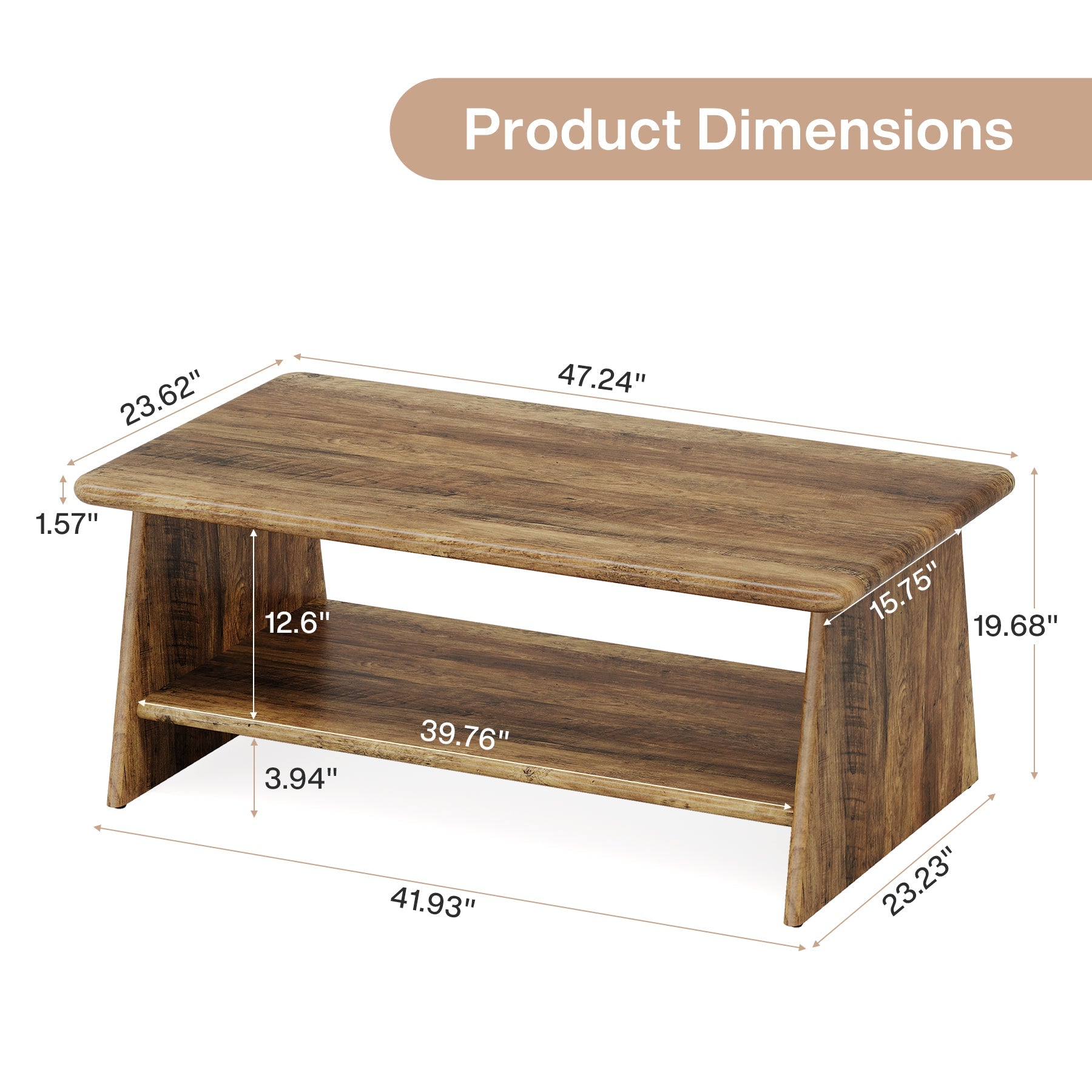 47.2" Coffee Table, Vintage Accent Center Table with Storage Shelf Tribesigns