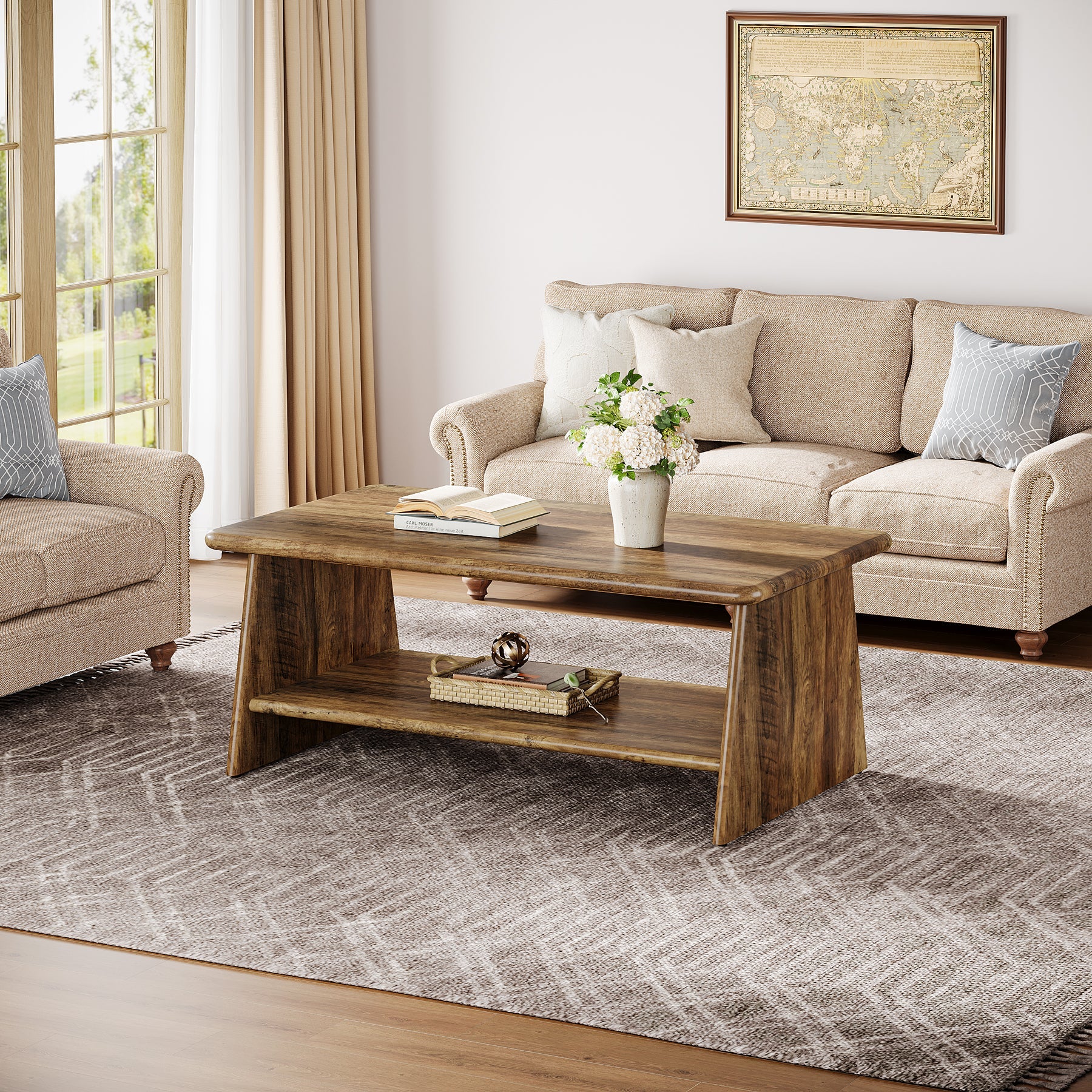 47.2" Coffee Table, Vintage Accent Center Table with Storage Shelf Tribesigns