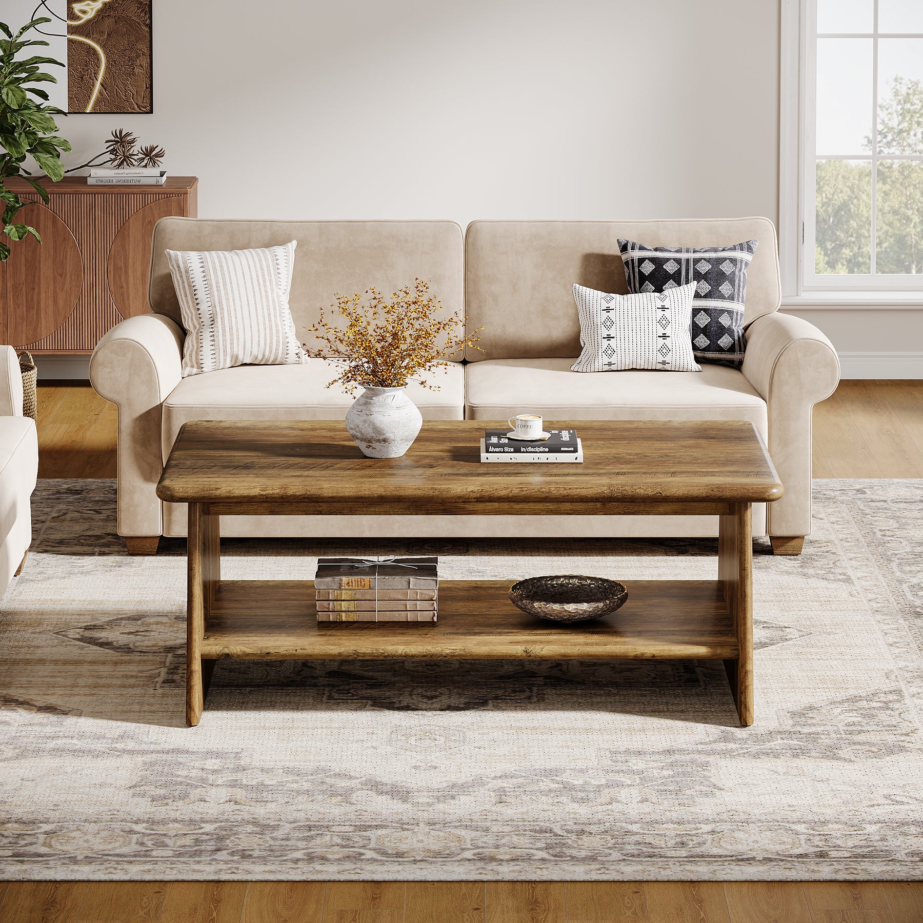 47.2" Coffee Table, Vintage Accent Center Table with Storage Shelf Tribesigns