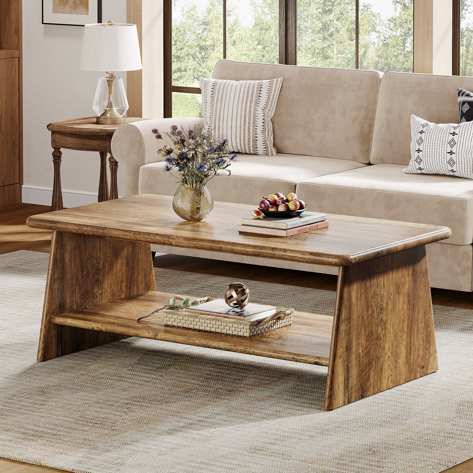 47.2" Coffee Table, Vintage Accent Center Table with Storage Shelf Tribesigns